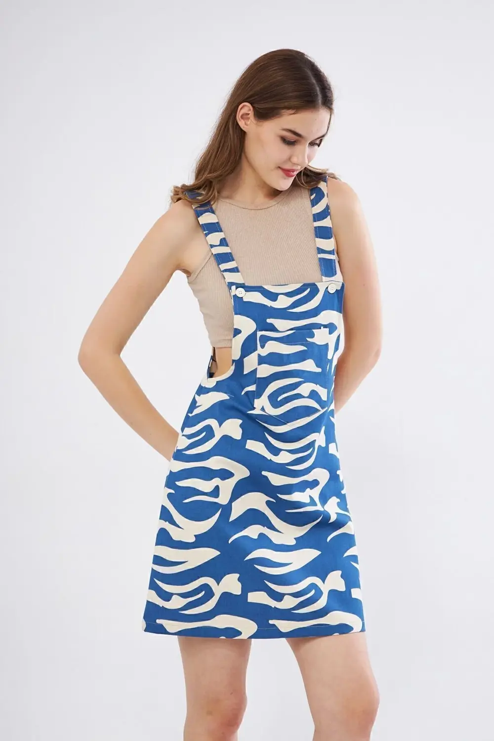 Kadın Gabardin Salopet Askılı Mini Elbise Saks Mavi Bej 3568185