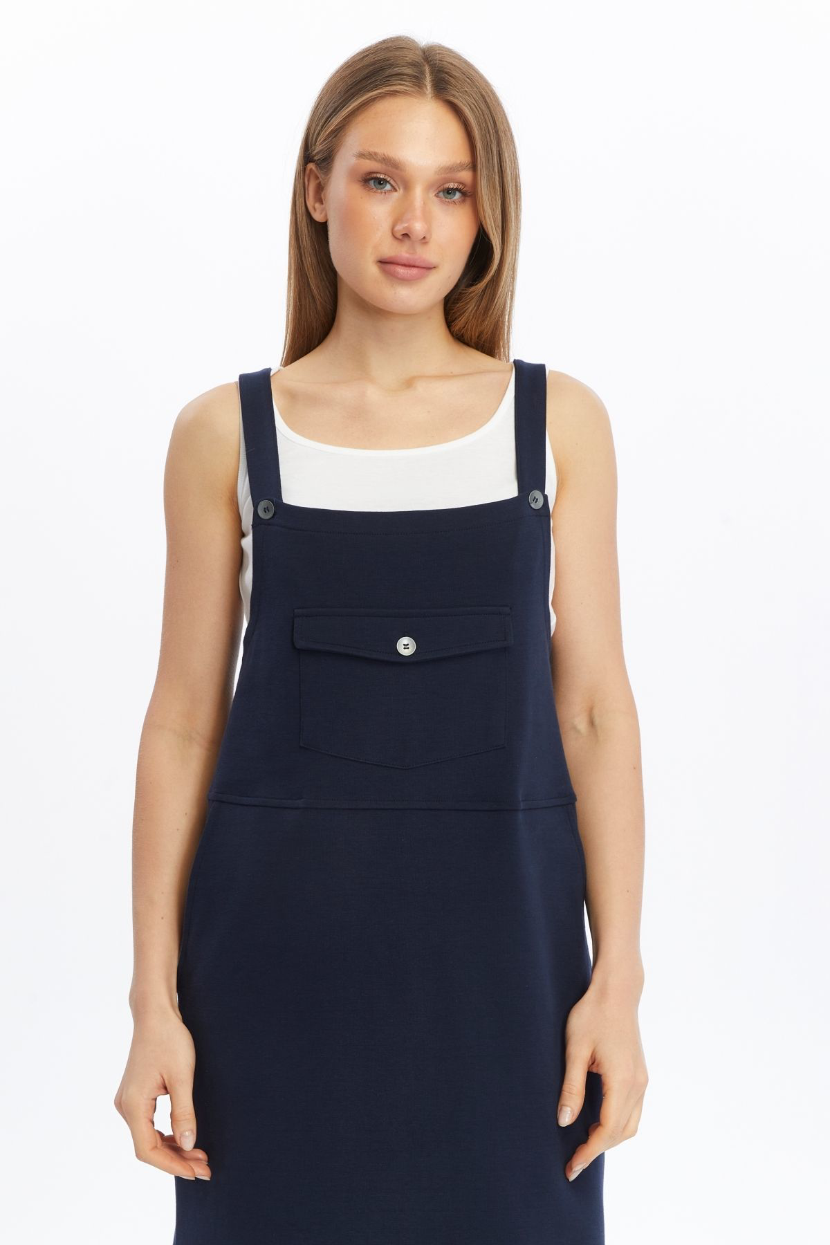 Defys Kadin Geniş Askili Tişört Elbise Takim Lacivert - Beyaz