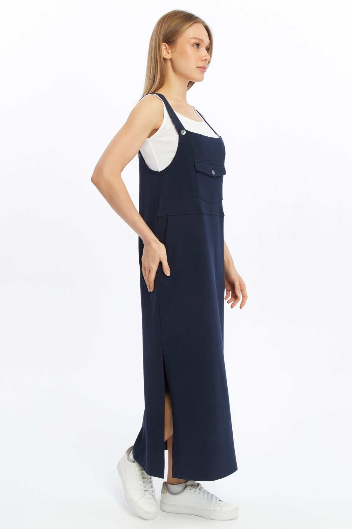 Defys Kadin Geniş Askili Tişört Elbise Takim Lacivert - Beyaz