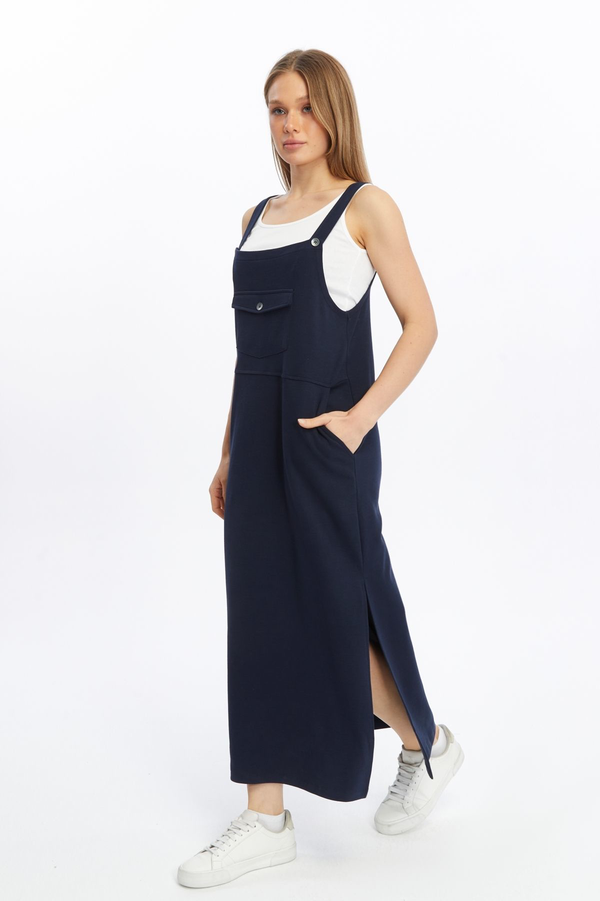 Defys Kadin Geniş Askili Tişört Elbise Takim Lacivert - Beyaz