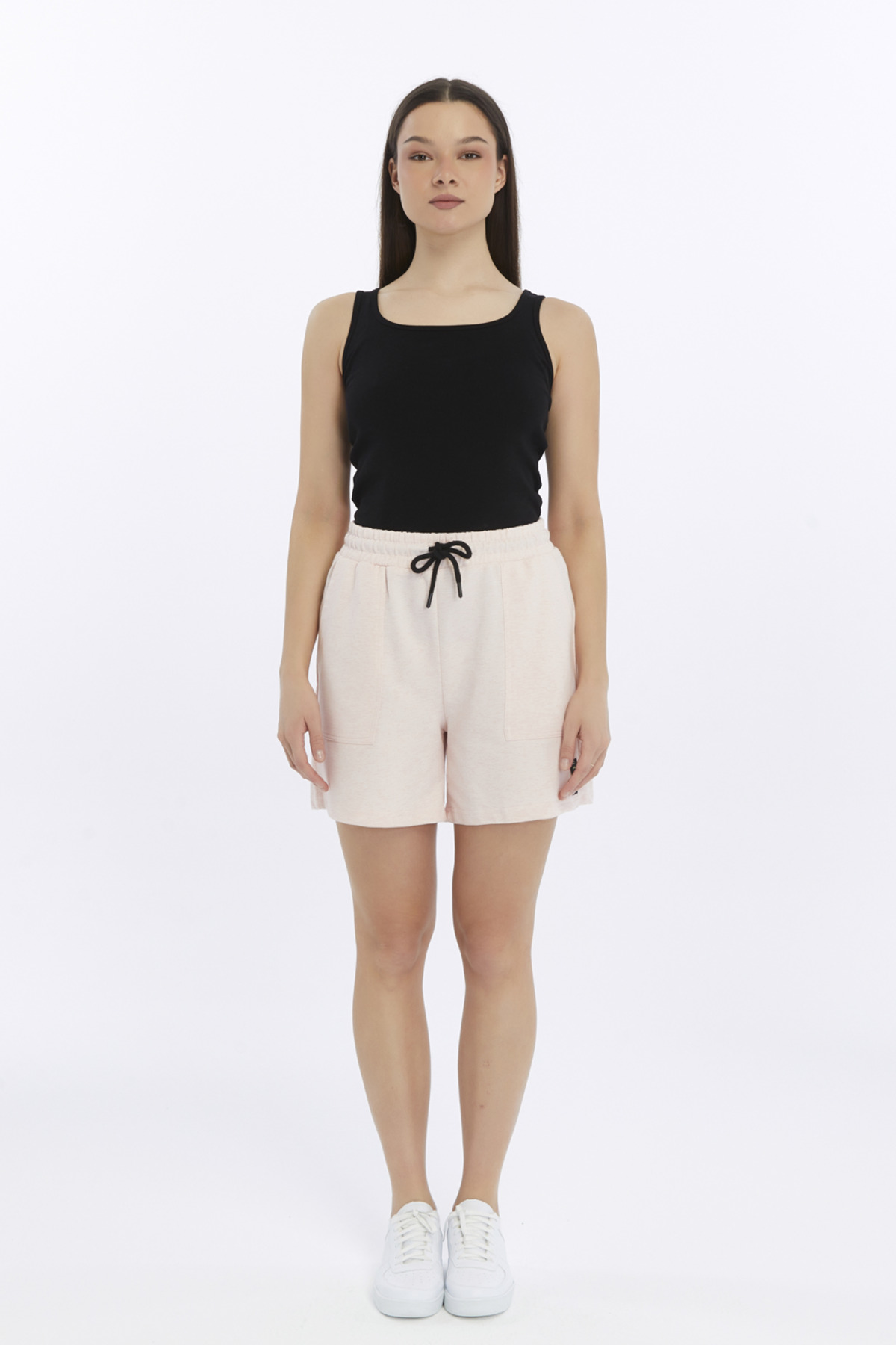 Defys Kadin Geniş Askili Tişört Şort Takim Pembe Melanj - Siyah