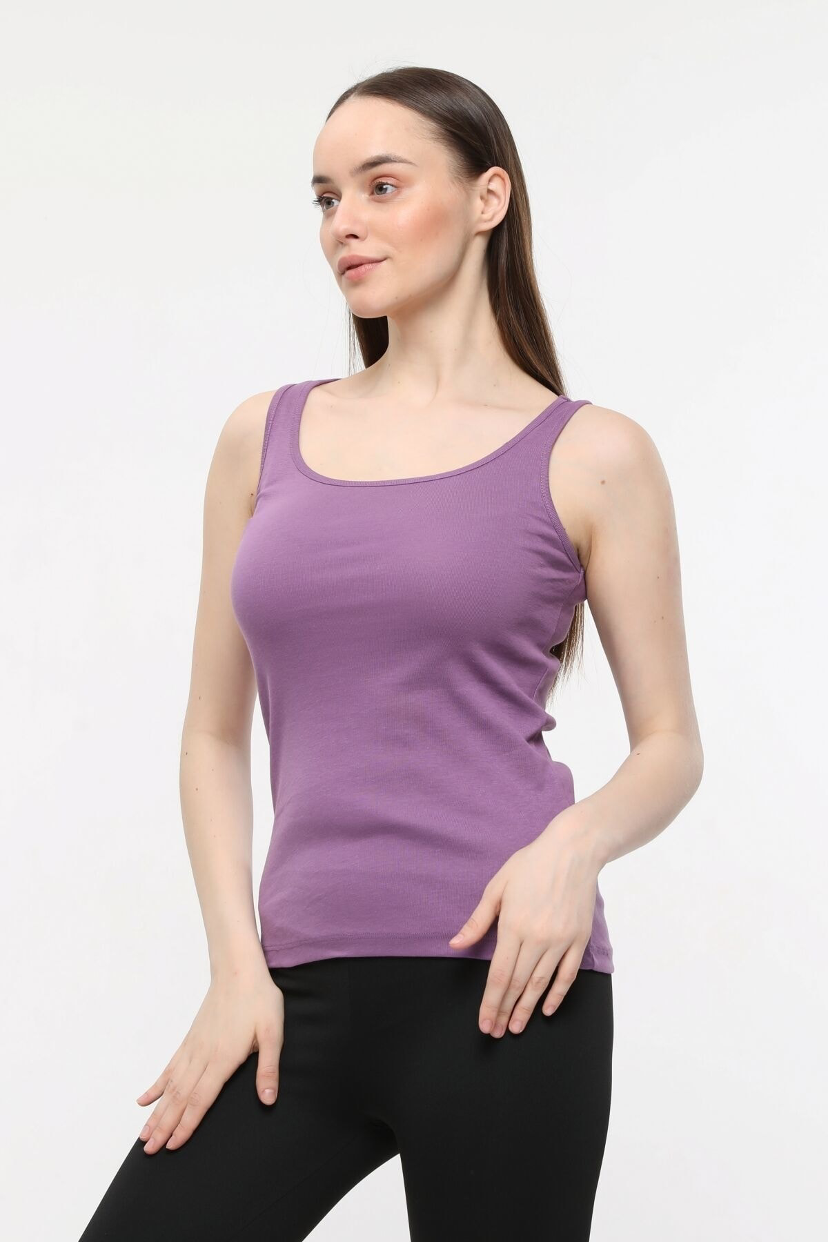 Defys Kadin U Yaka Sifir Kol Regular Fit Basic Geniş Askili Tişört Mor