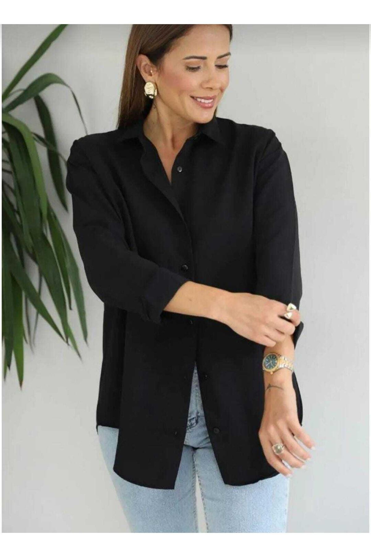 Kadın Giyim Basic Siyah Beyaz Oversize Uzun Kollu 2li Gömlek