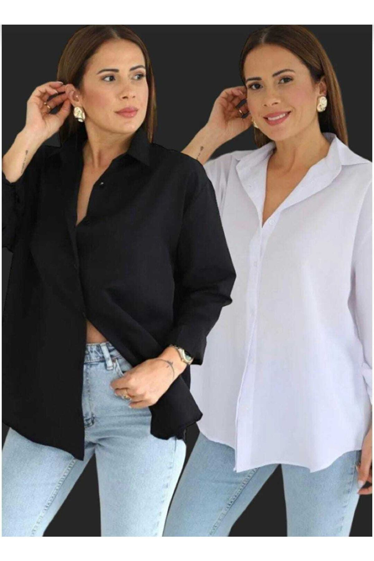 Kadın Giyim Basic Siyah Beyaz Oversize Uzun Kollu 2li Gömlek