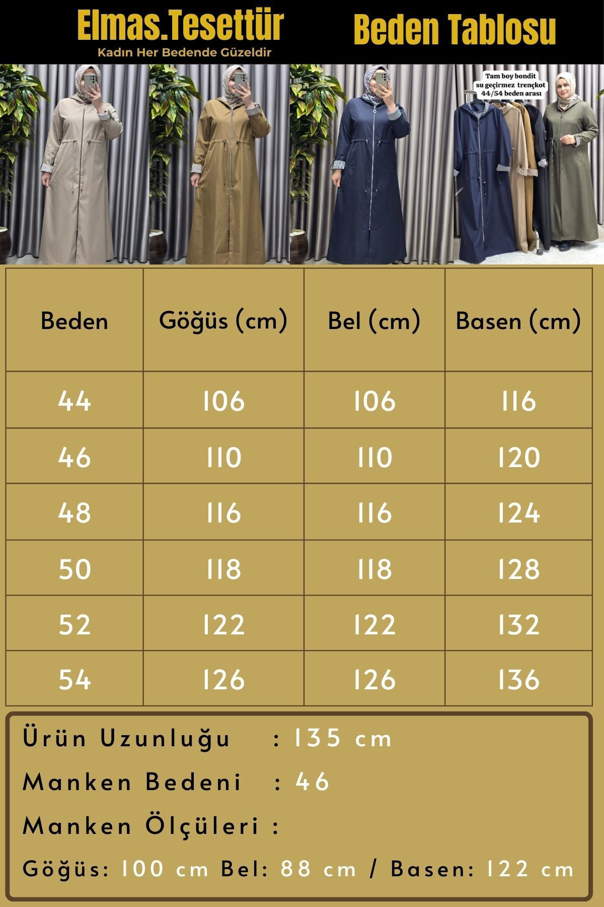 Kadın Giyim Büyük Beden Su Geçirmez Tam Boy Mevsimlik Spor Tesett