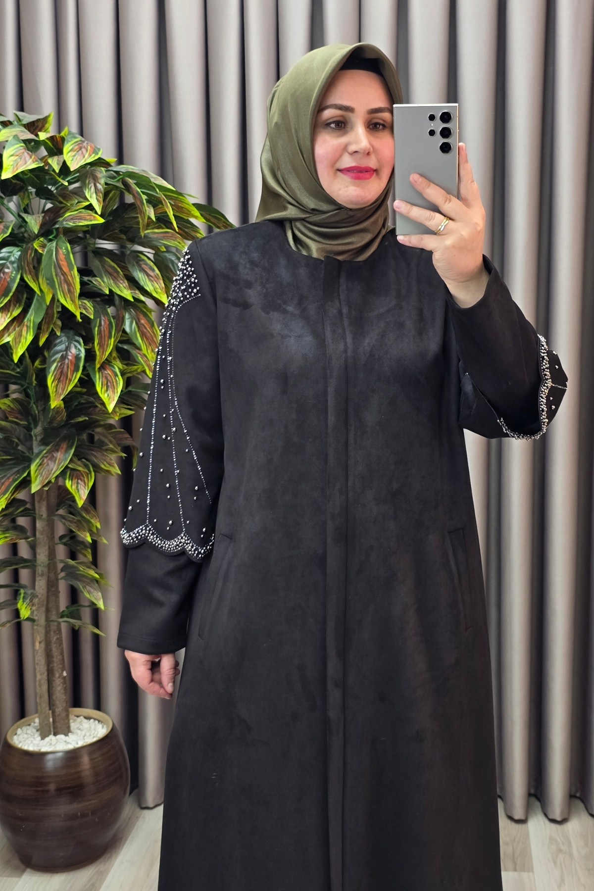 Kadın Giyim Büyük Beden Süet Tam Boy Kolu Taşlı Bolerolu Pardesü