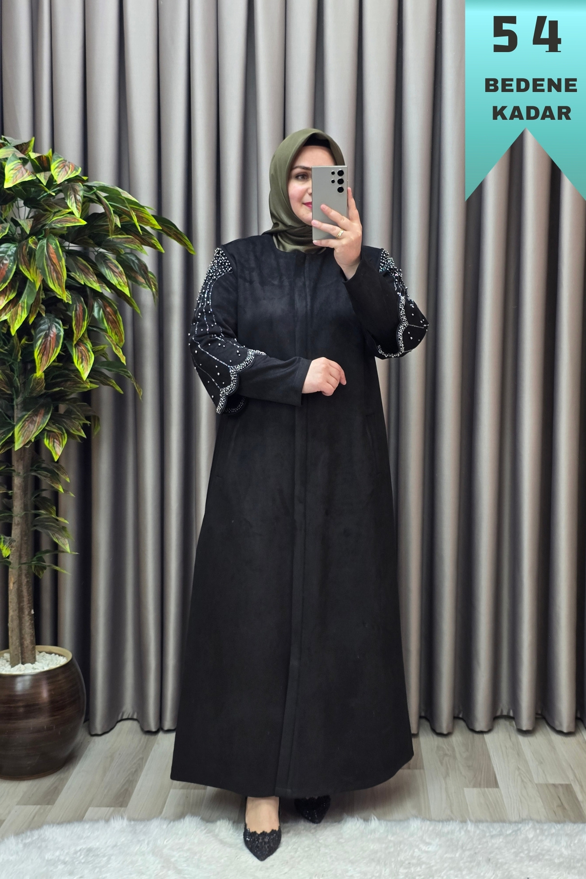 Kadın Giyim Büyük Beden Süet Tam Boy Kolu Taşlı Bolerolu Pardesü