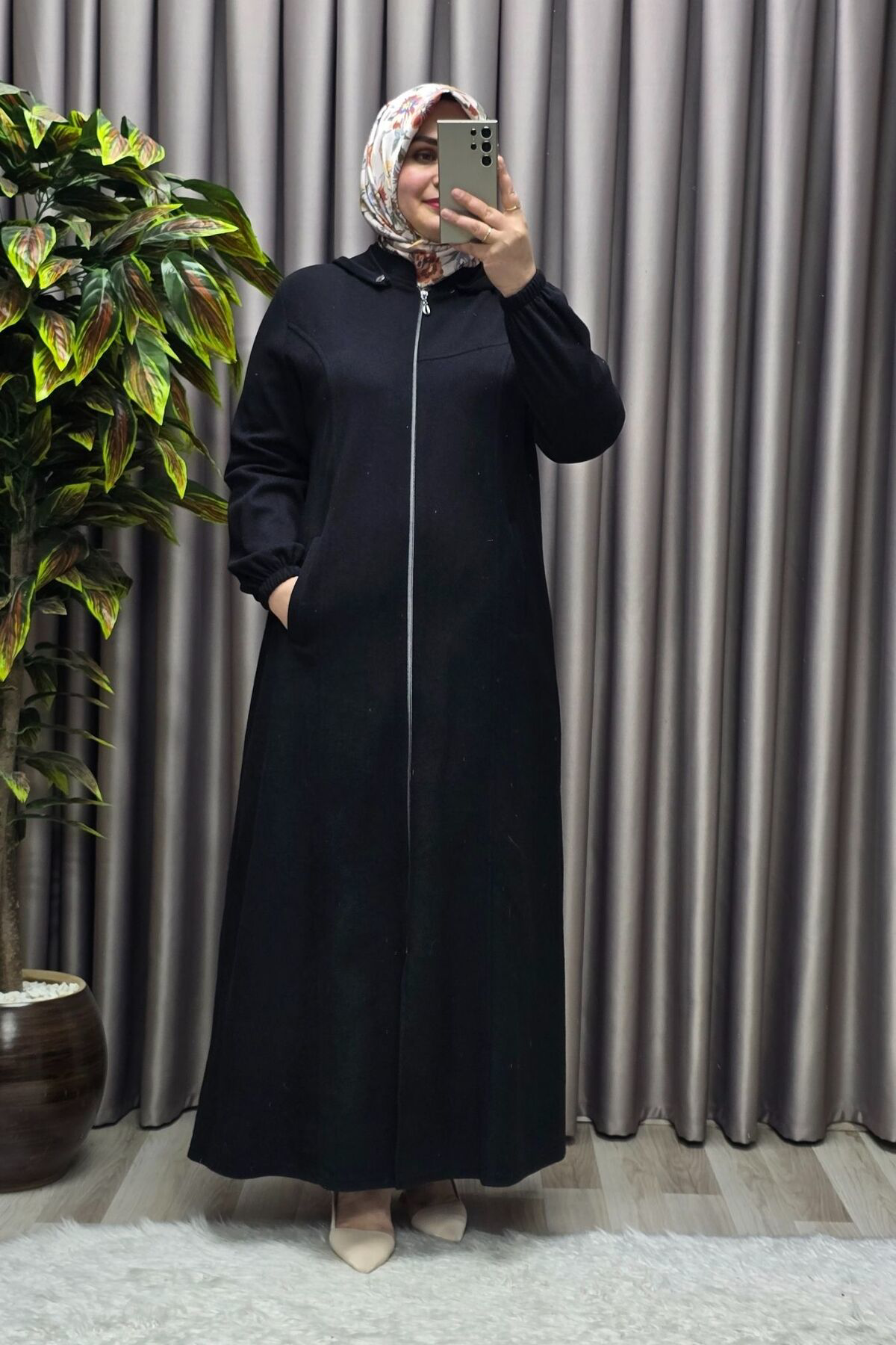 Kadın Giyim Büyük Beden Kapşonlu Yumuşak Kaşe Tam Boy Kaban