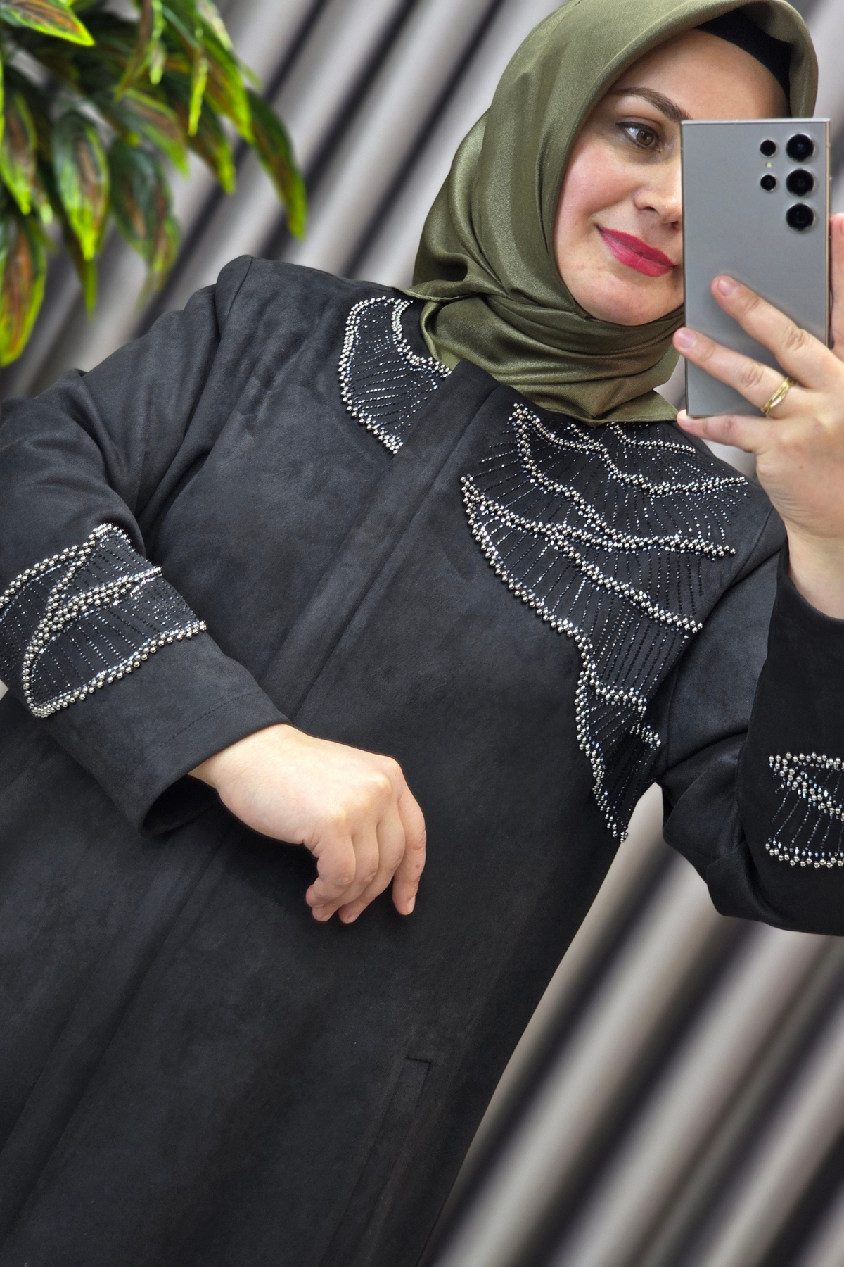 Kadın Giyim Büyük Beden Süet Tam Boy İstiridye Taşlı Pardesü