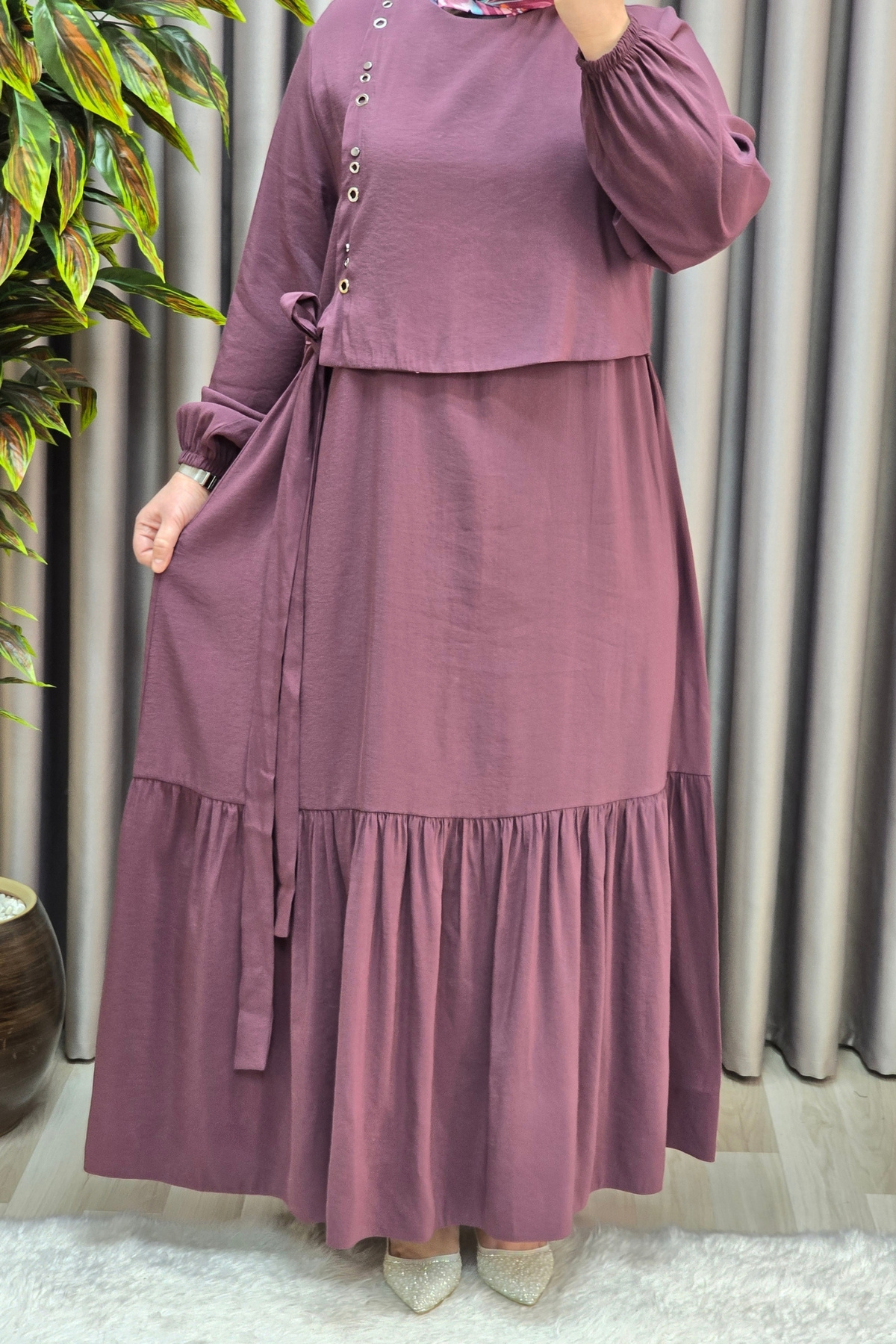 Kadın Giyim Büyük Beden Cubra Kumaş Kuş Gözü Model Boydan Elbise