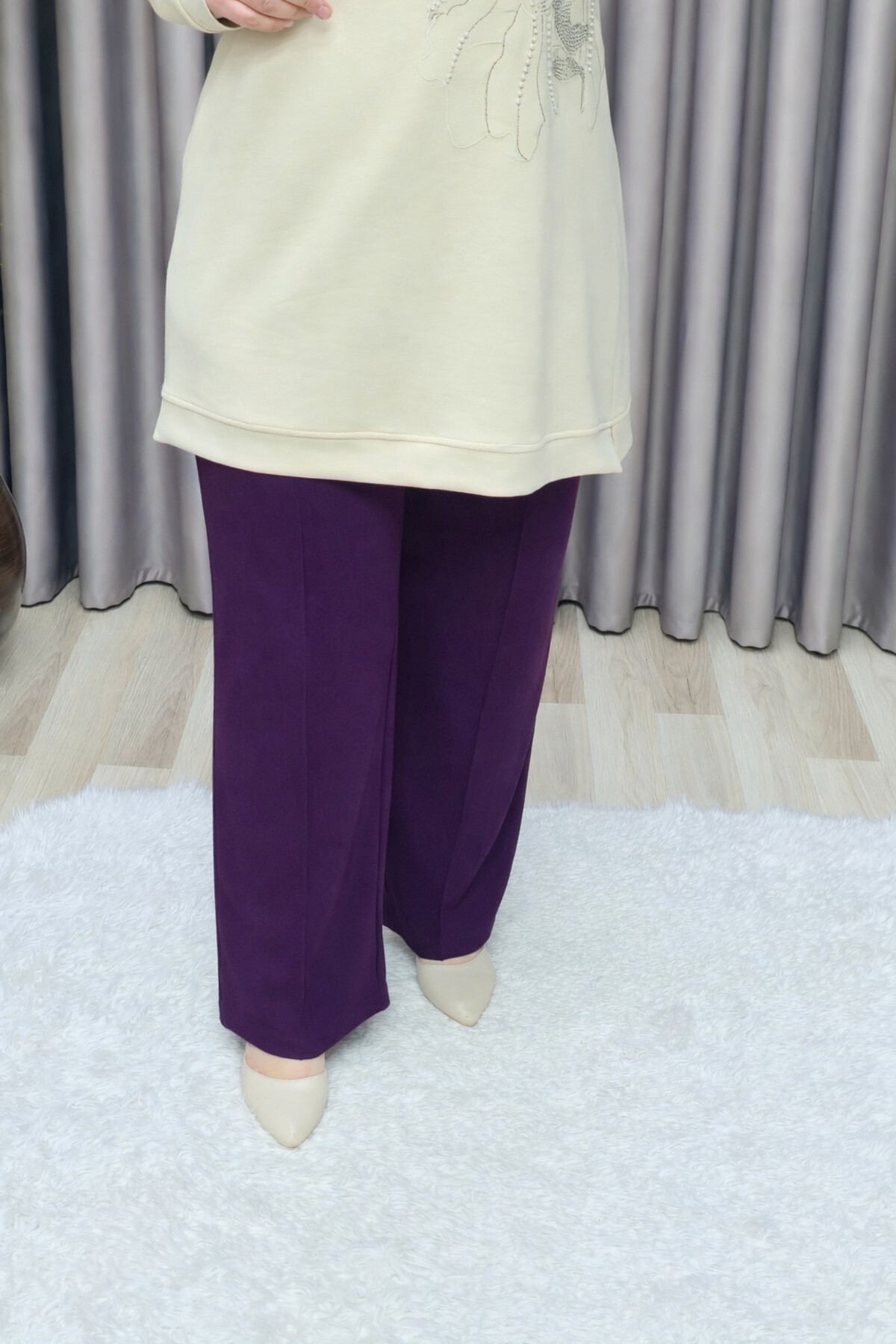 Kadın Giyim Büyük Beden Bol Paça Çimalı Cepli Astarlı Nergiz Pant