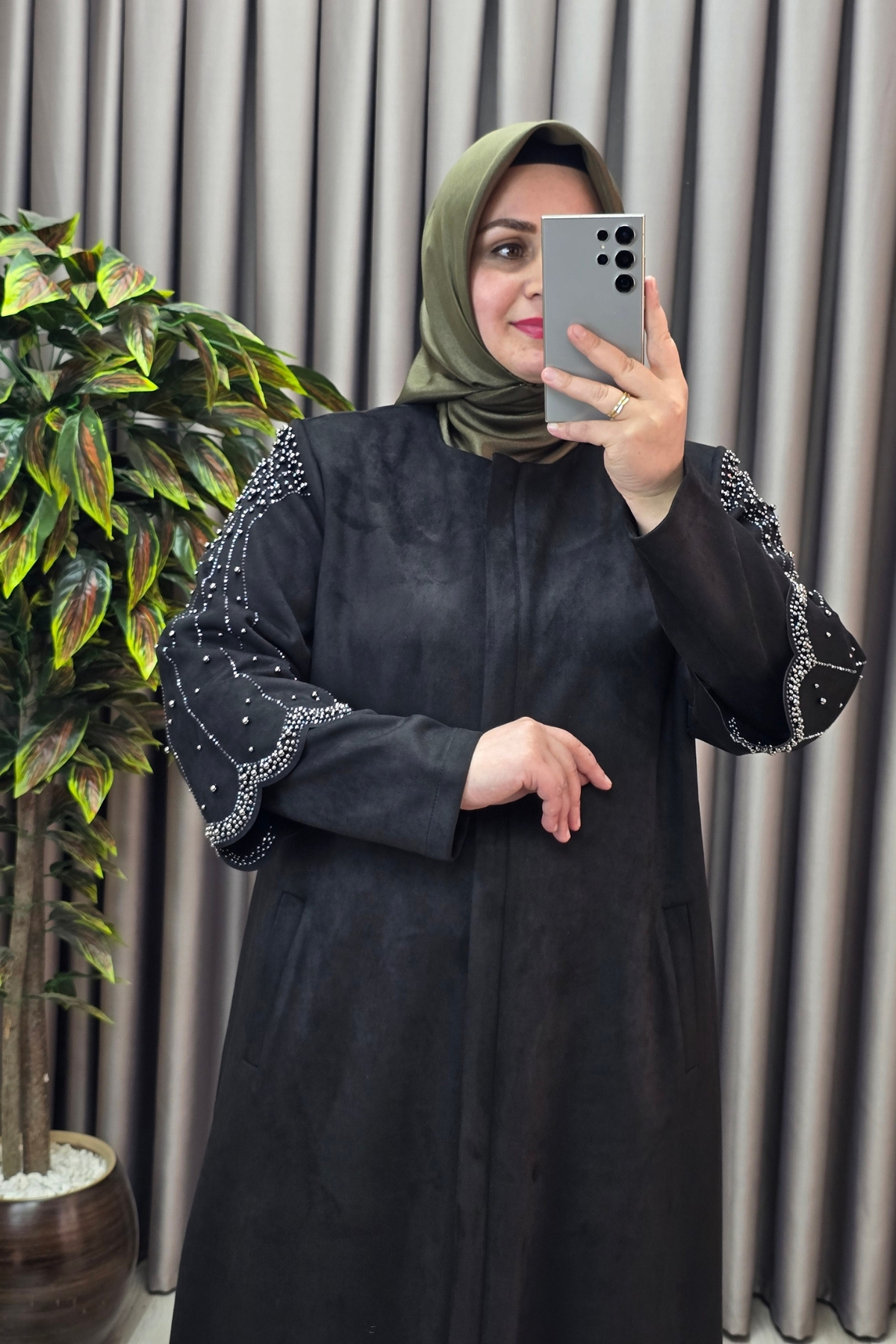 Kadın Giyim Büyük Beden Süet Tam Boy Kolu Taşlı Bolerolu Pardesü