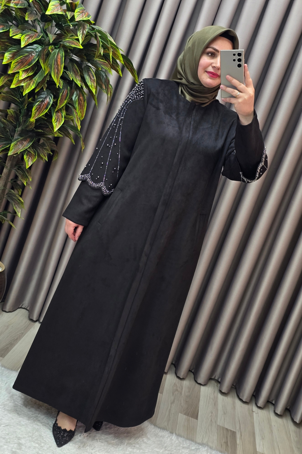 Kadın Giyim Büyük Beden Süet Tam Boy Kolu Taşlı Bolerolu Pardesü