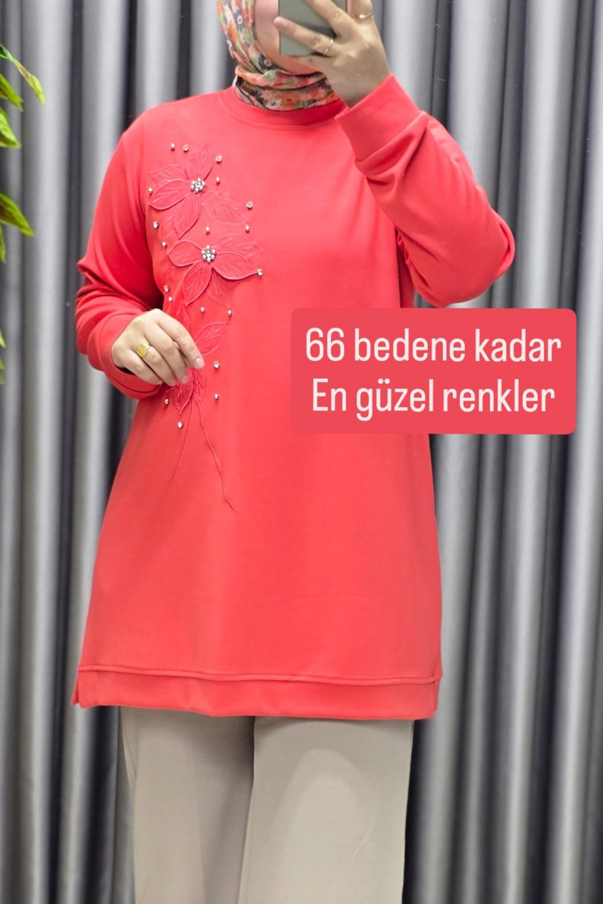 Elmas Tesettür Kadın Giyim Büyük Beden Modal Çiçek Aplik Tunik