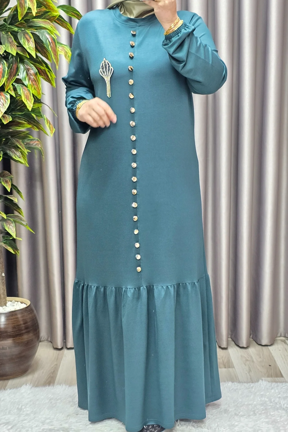 Kadın Giyim Büyük Beden Kristal Düğmeli Elbise