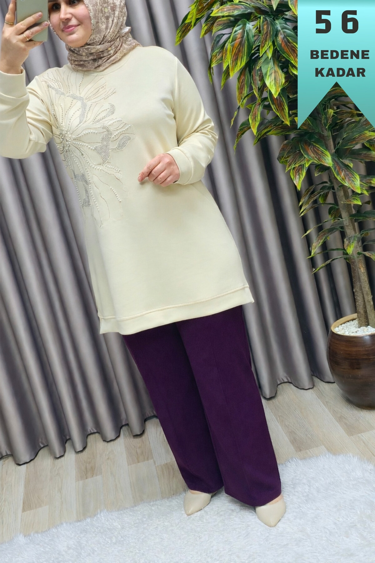 Kadın Giyim Büyük Beden Bol Paça Çimalı Cepli Astarlı Nergiz Pant