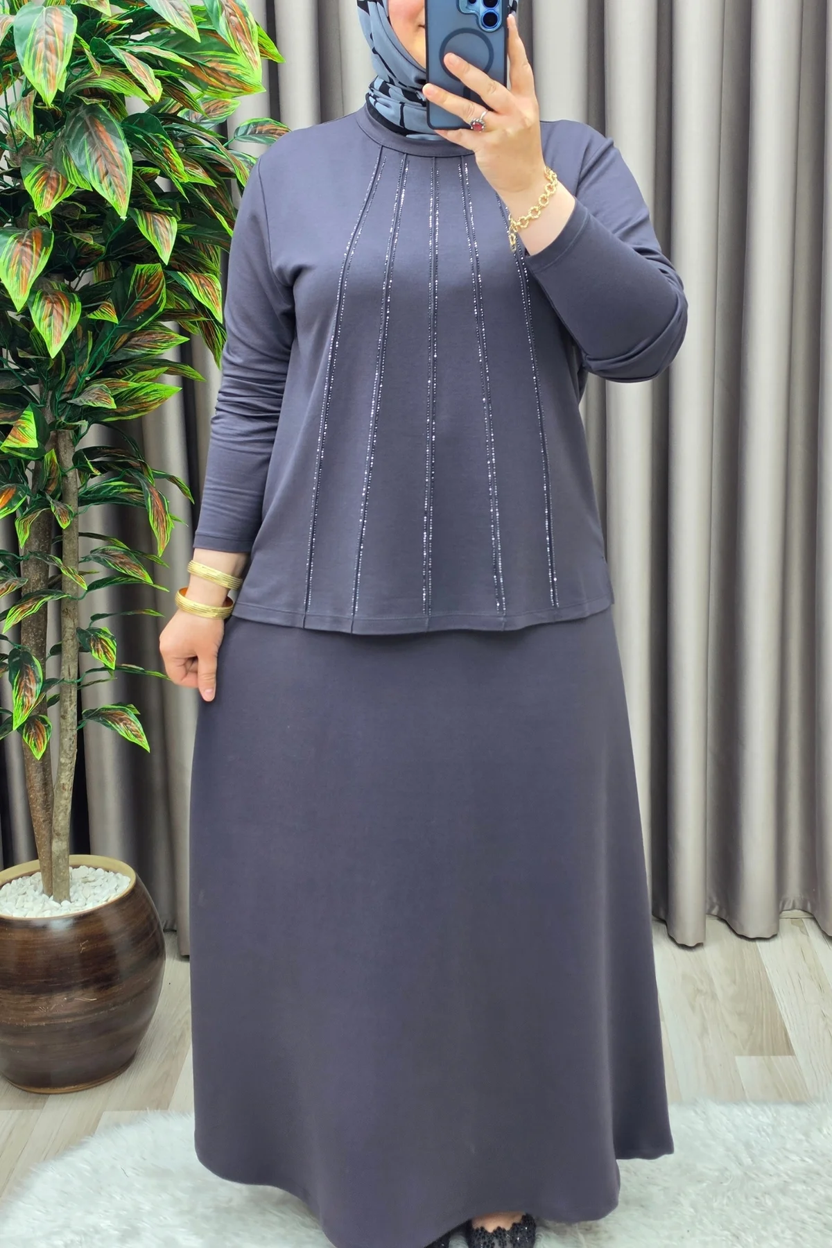 Kadın Giyim Büyük Beden Beş Şerit Taşlı Mevlana Etekli İkili Takım - Görsel 7