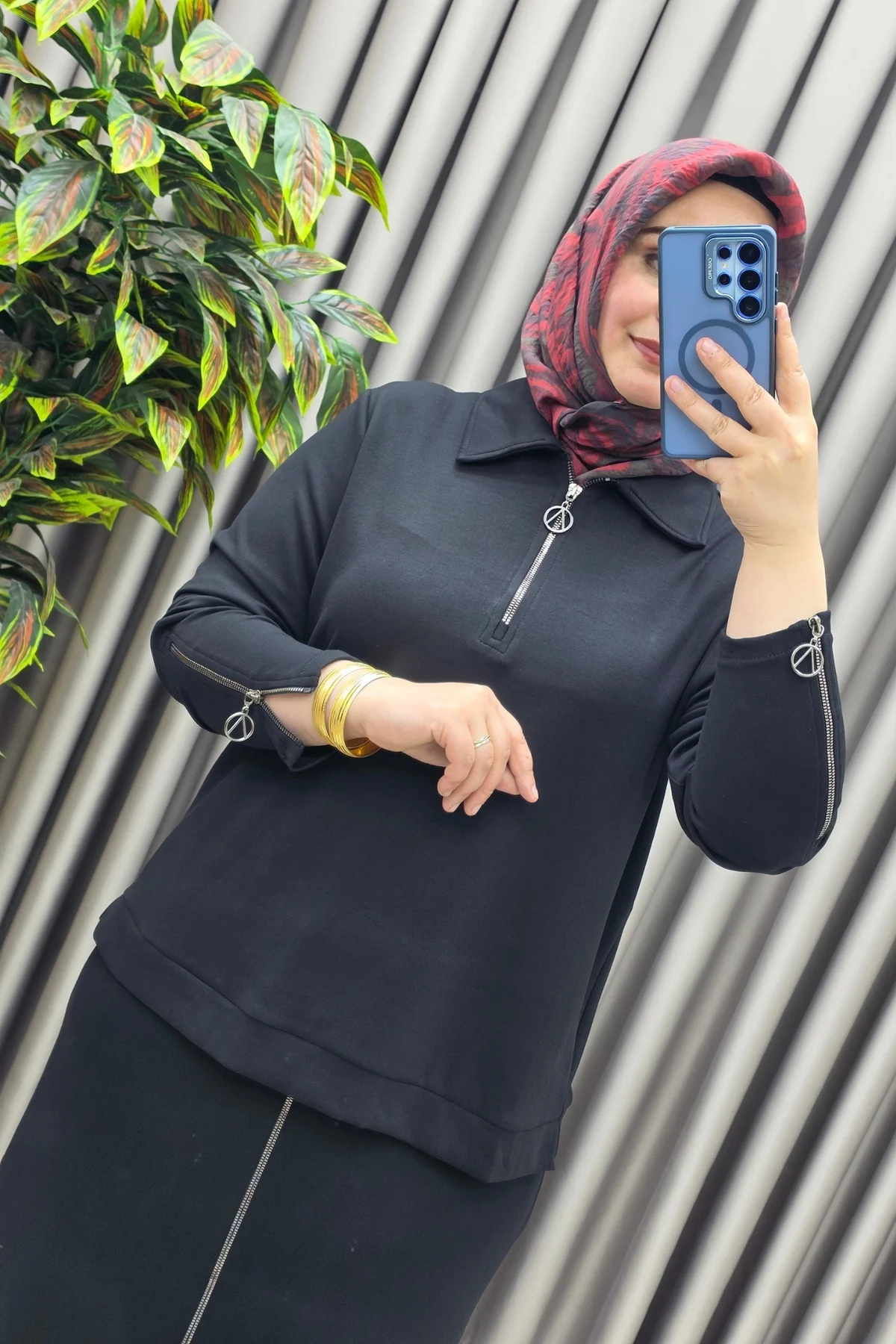 Kadın Giyim Büyük Beden Modal Kolları Fermuar Detaylı İkili Etekli Takım - Görsel 5