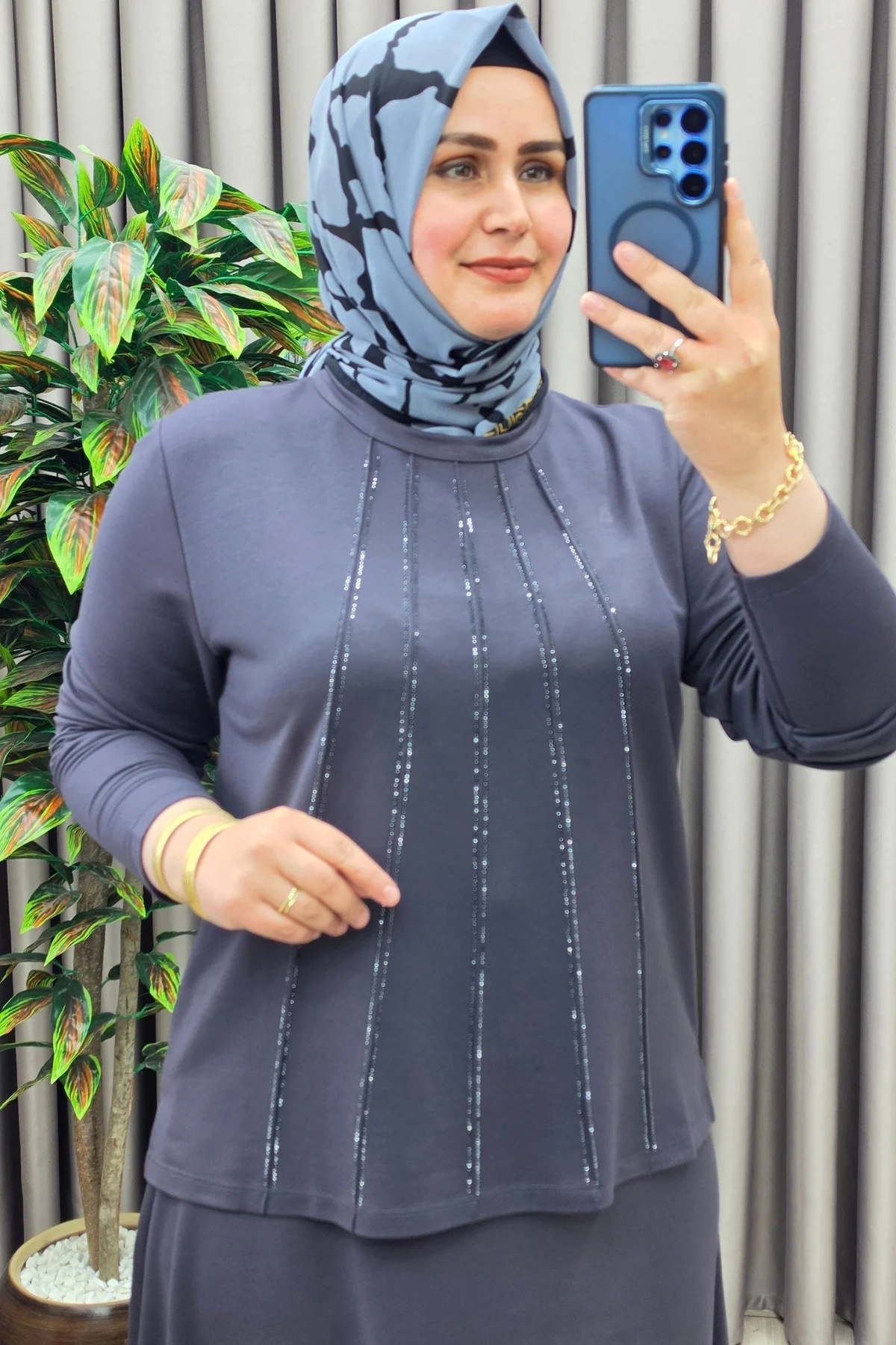 Kadın Giyim Büyük Beden Beş Şerit Taşlı Mevlana Etekli İkili Takım - Görsel 6