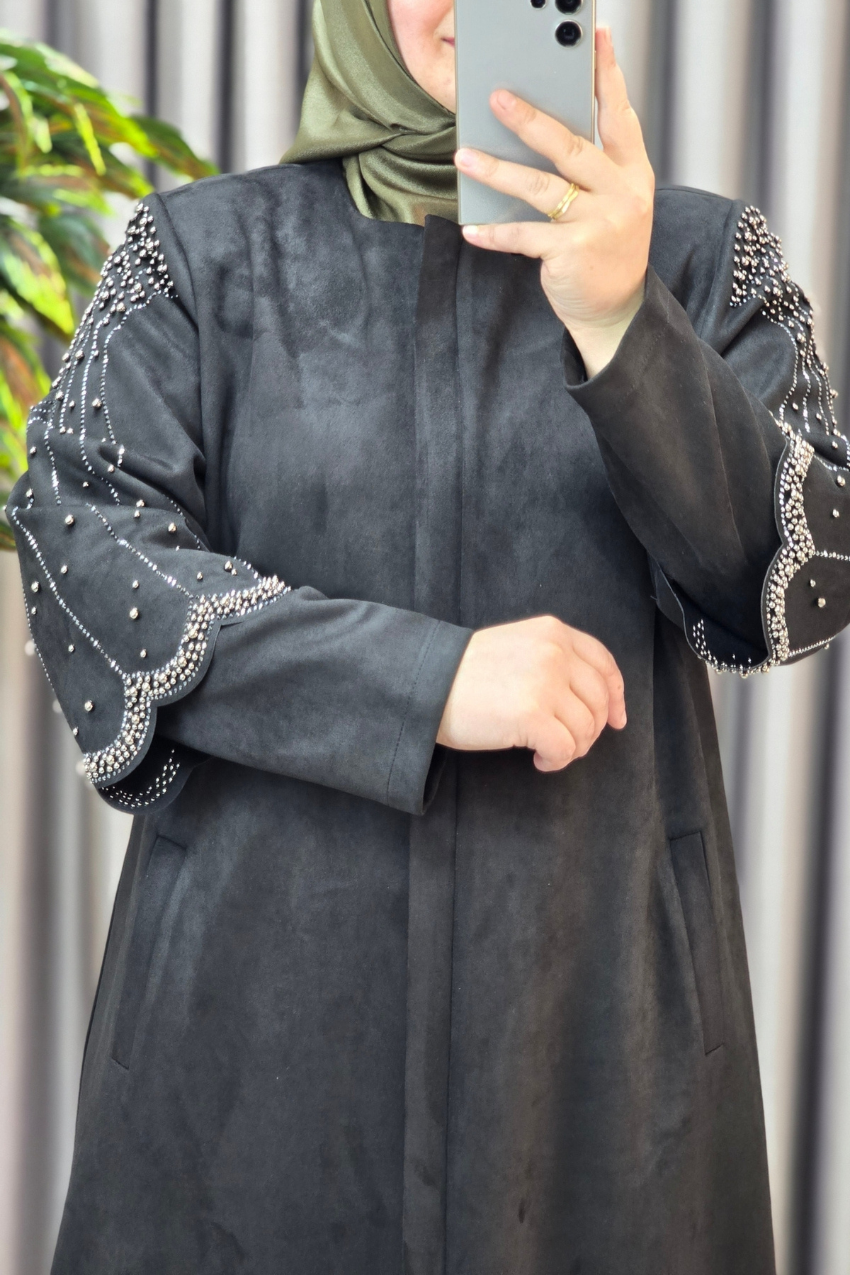 Kadın Giyim Büyük Beden Süet Tam Boy Kolu Taşlı Bolerolu Pardesü