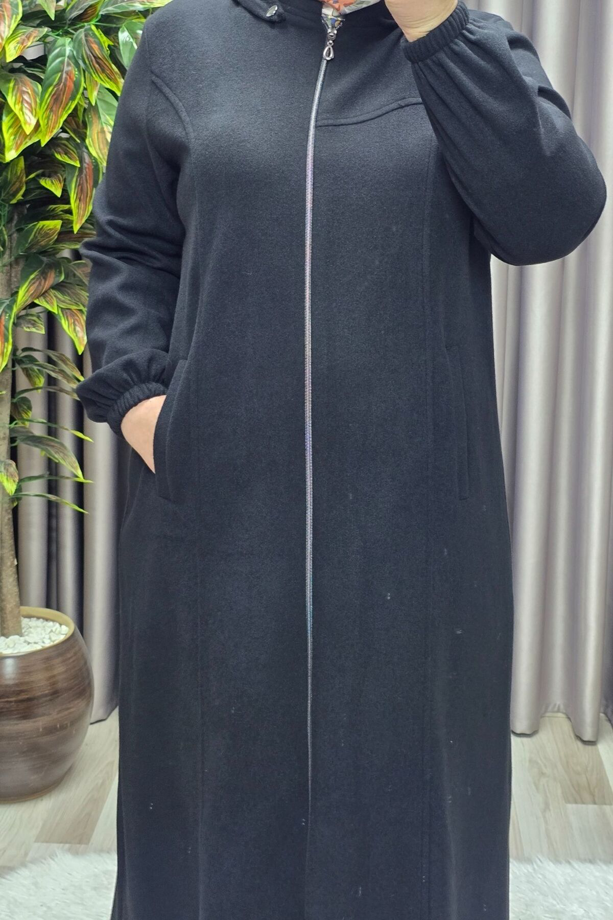 Kadın Giyim Büyük Beden Kapşonlu Yumuşak Kaşe Tam Boy Kaban