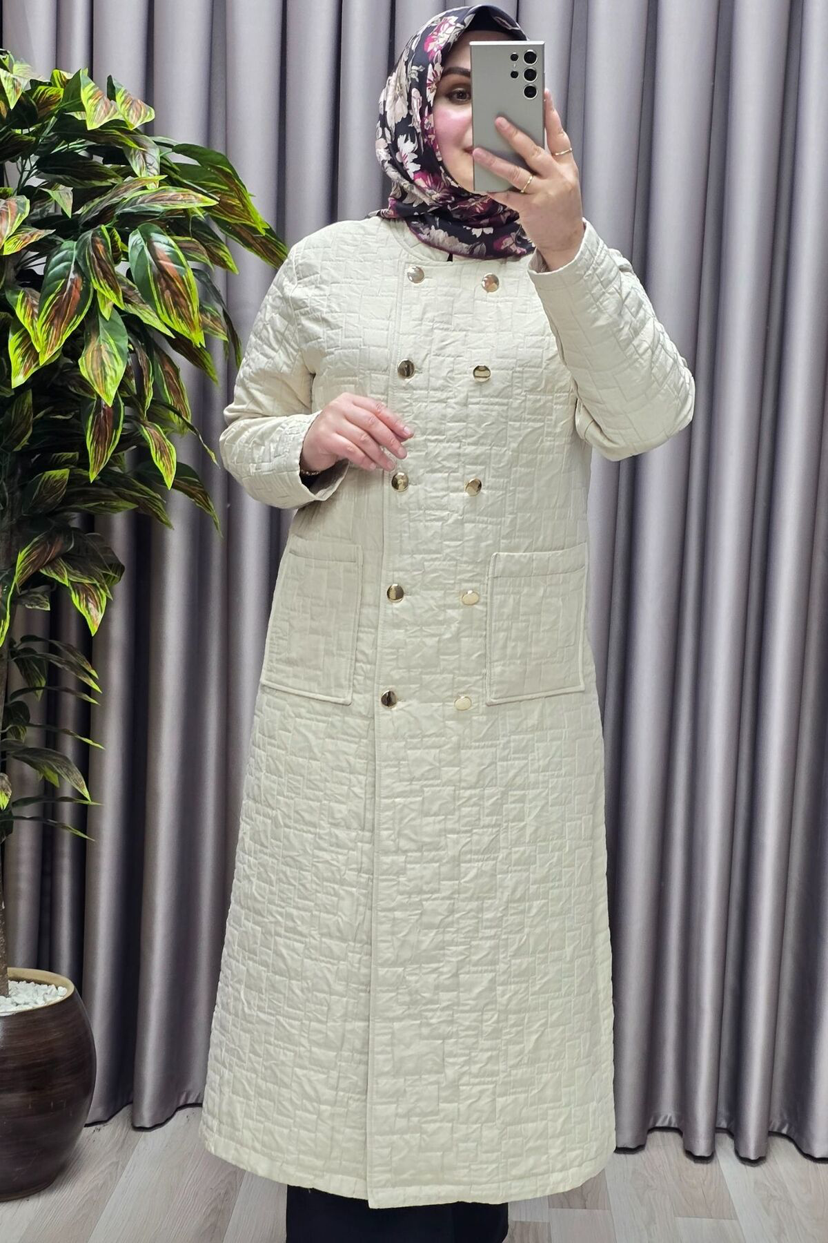 Kadın Giyim Büyük Beden Kapitone Metal Düğmeli Kruvaze Kap