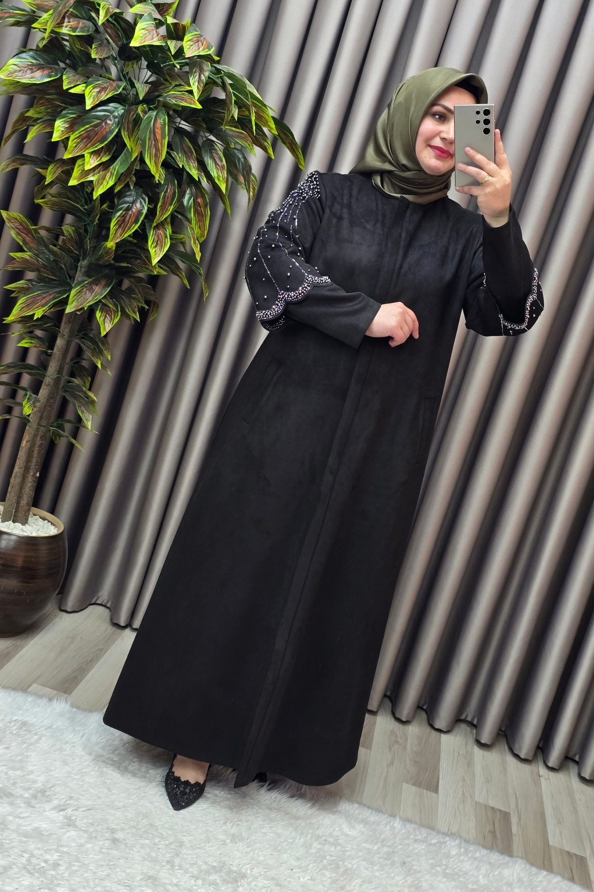 Kadın Giyim Büyük Beden Süet Tam Boy Kolu Taşlı Bolerolu Pardesü