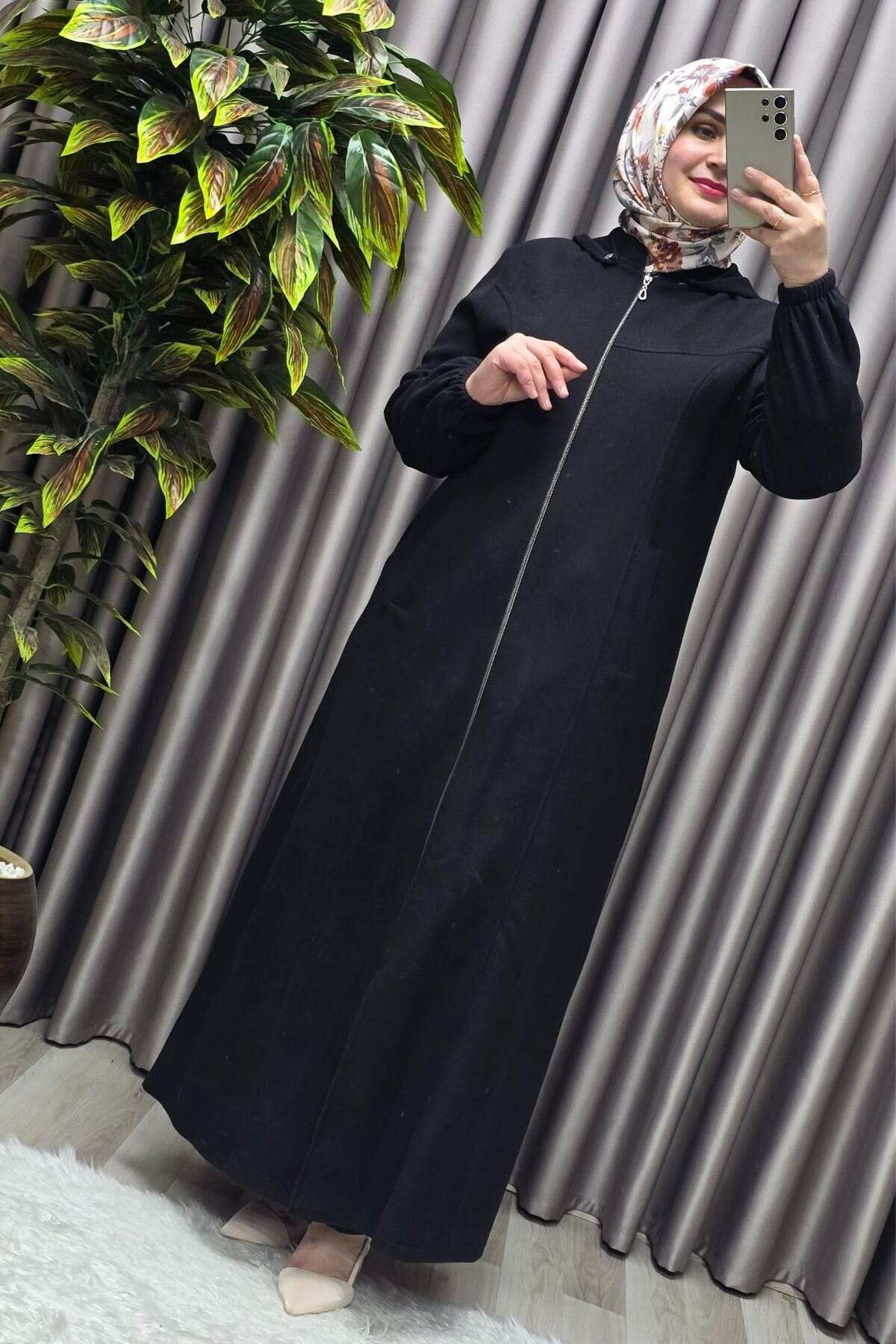 Kadın Giyim Büyük Beden Kapşonlu Yumuşak Kaşe Tam Boy Kaban