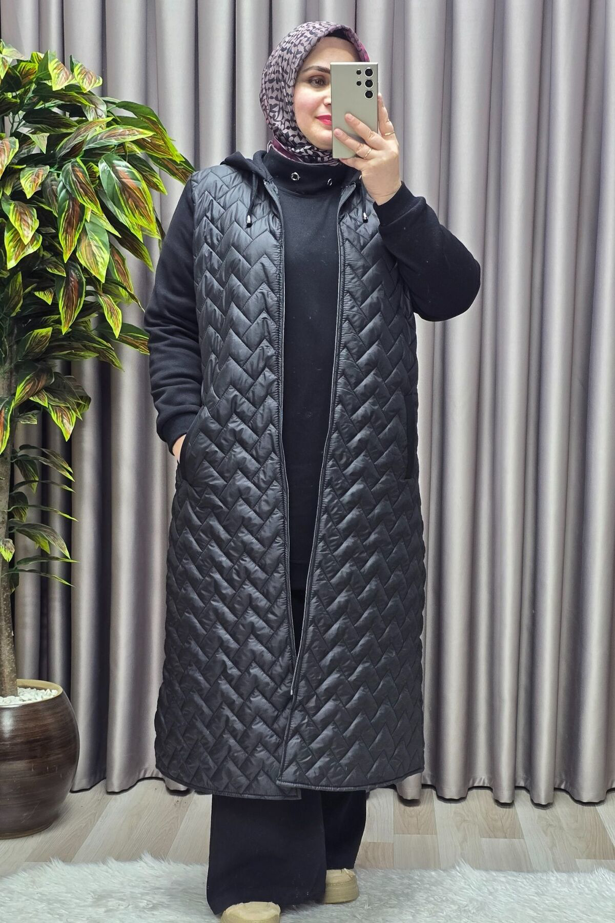 Kadın Giyim Büyük Beden Kapitone Çavuş Desen Kolları Üç İplik Şar