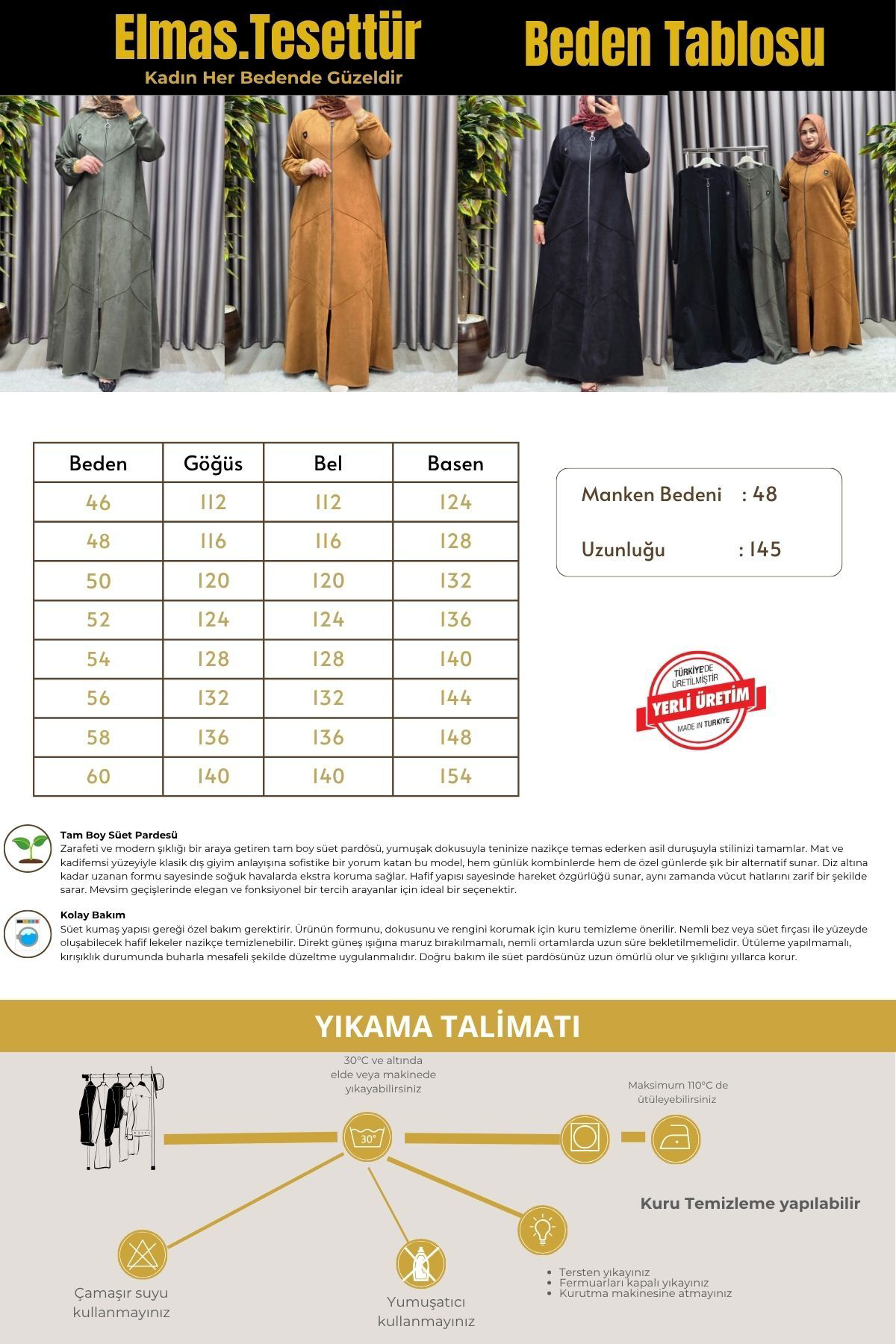 Elmas Tesettür Kadın Giyim Büyük Beden Tam Boy Baklava Desenli Uzun Süet Pardesü