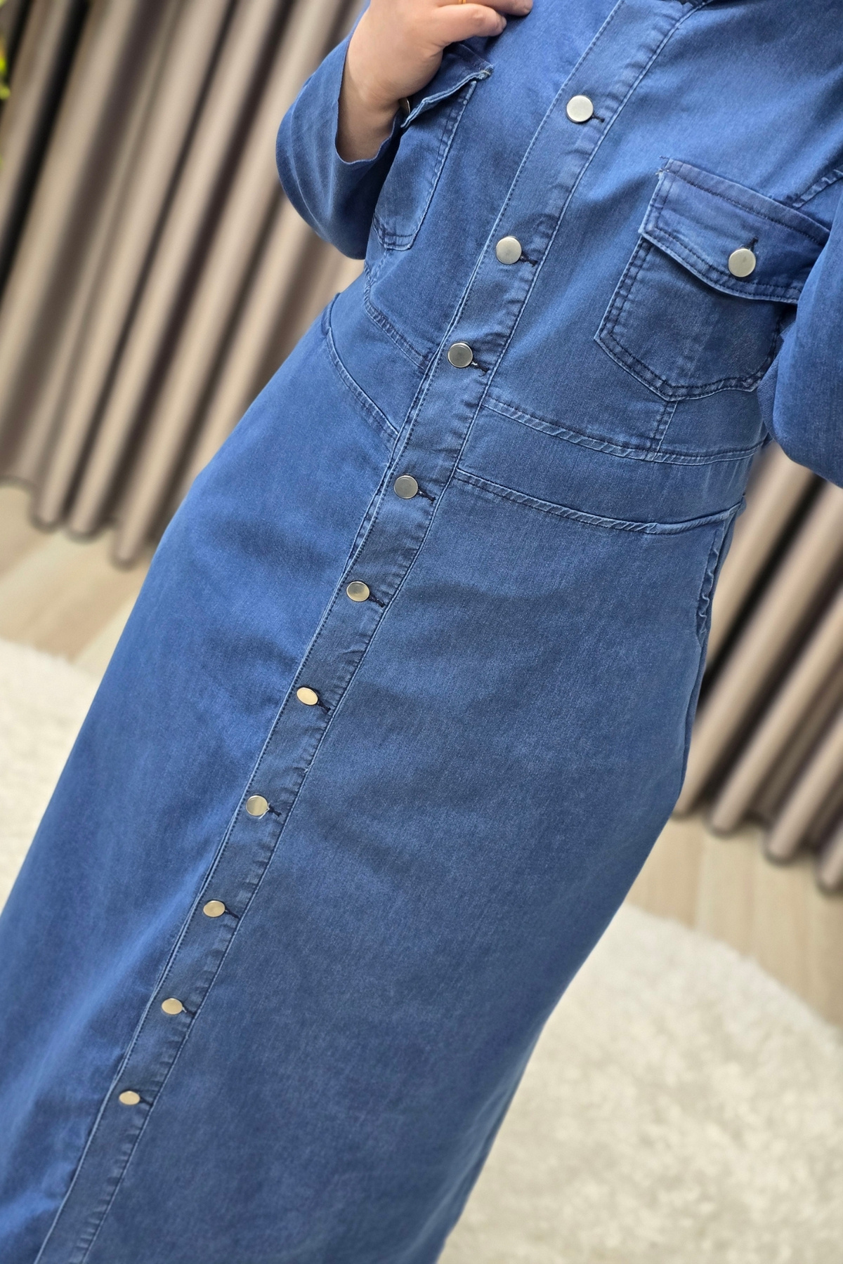 Kadın Giyim Büyük Beden Düğmeli Kapşonlu Tam Boy Kot Elbise