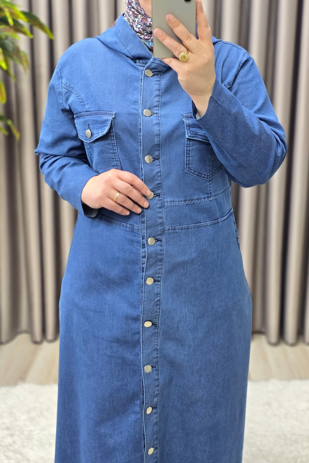 Kadın Giyim Büyük Beden Düğmeli Kapşonlu Tam Boy Kot Elbise