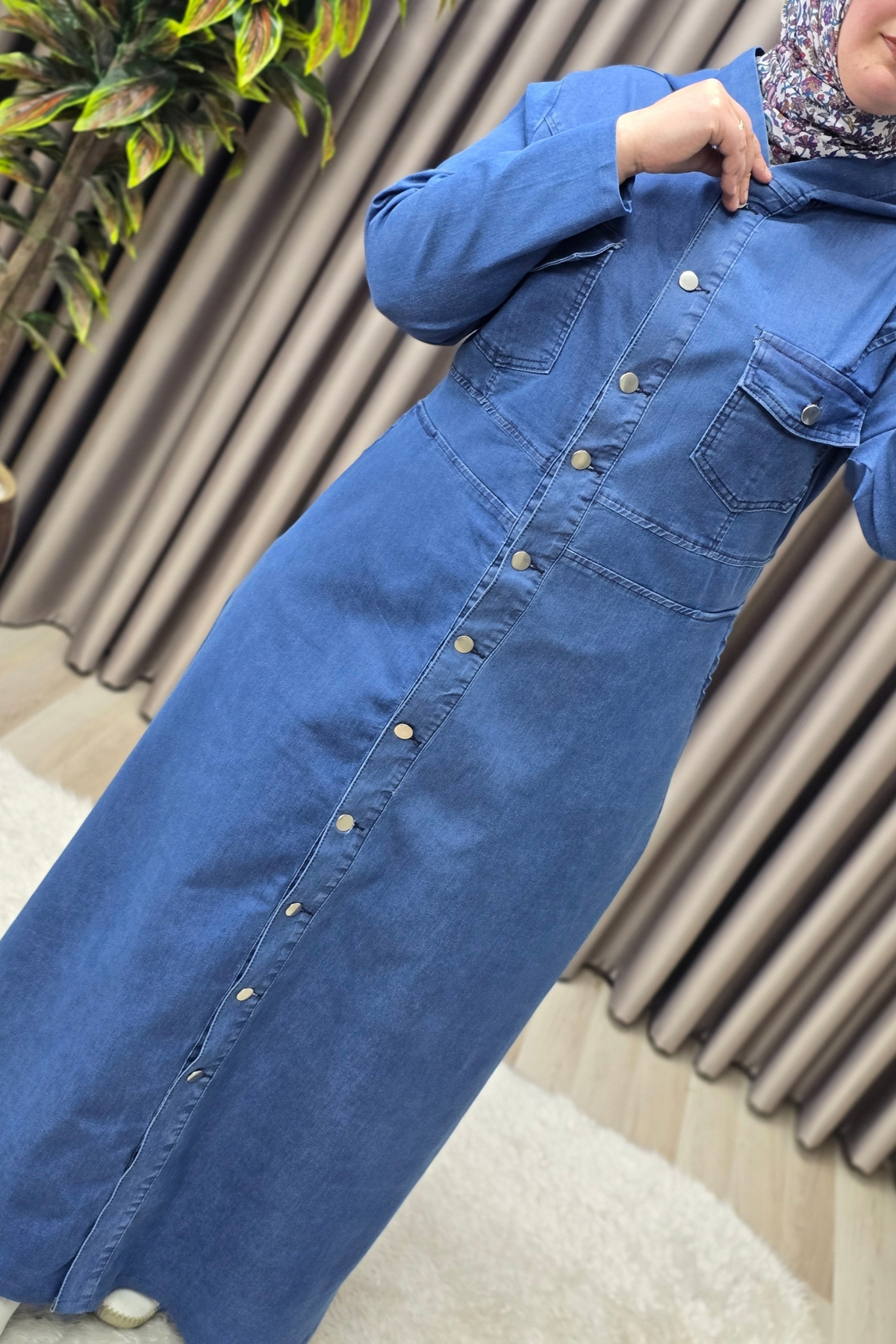 Kadın Giyim Büyük Beden Düğmeli Kapşonlu Tam Boy Kot Elbise