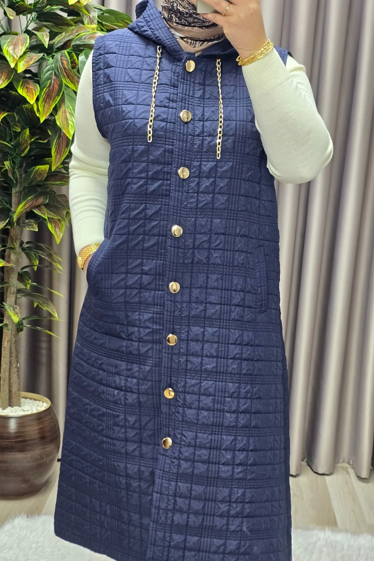 Kadın Giyim Büyük Beden Kapşonlu Astarlı Kare Desen Yelek