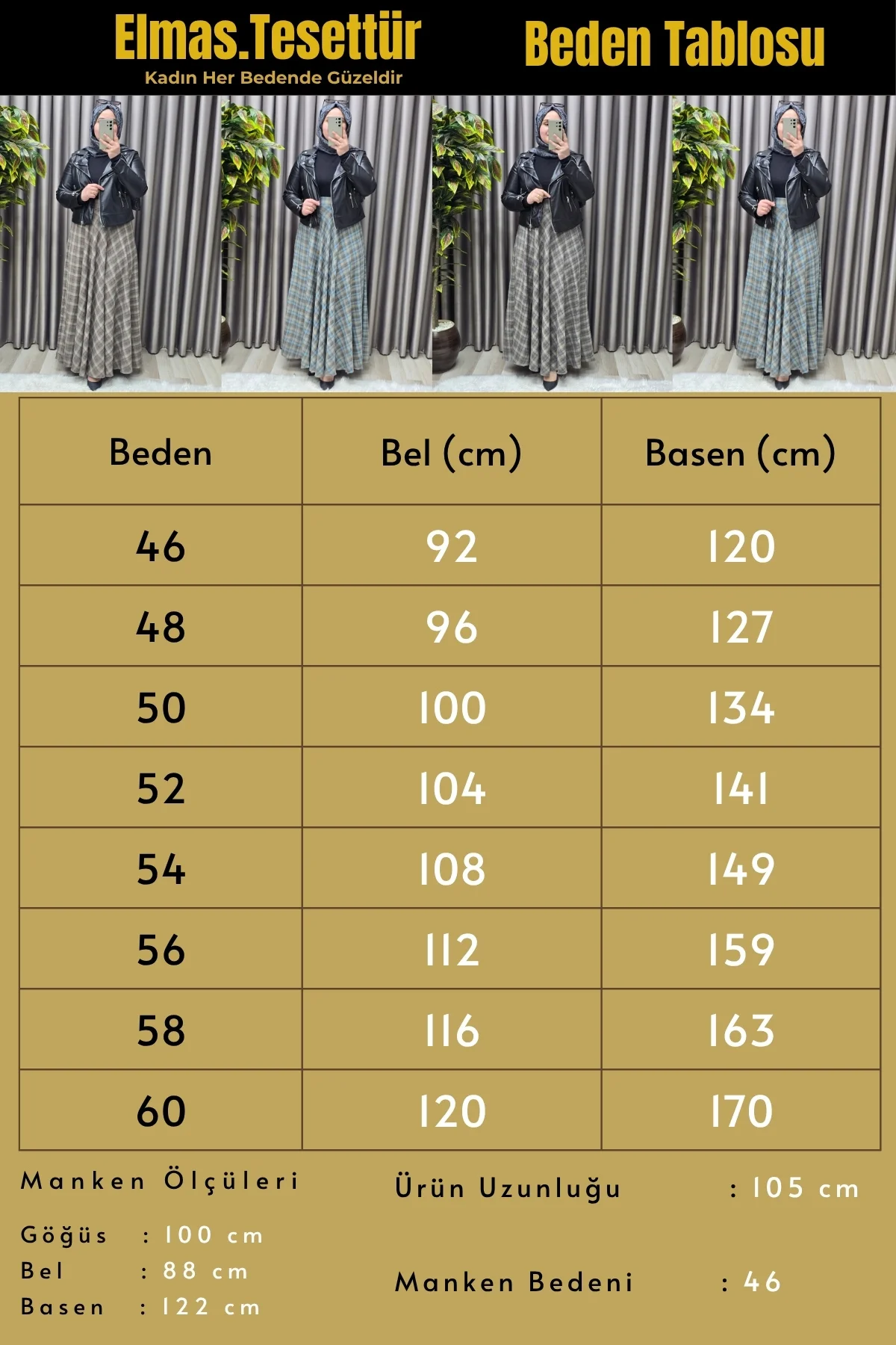 Kadın Giyim Büyük Beden Ekose Yandan Fermuarlı Etek - Görsel 3