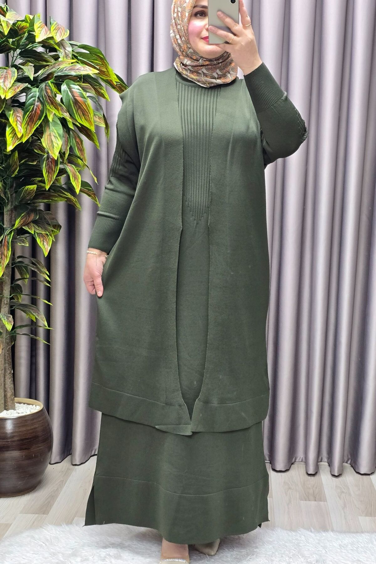 Kadın Giyim Büyük Beden 2 Soğuk Triko Yelekli Fitilli Elbiseli İk