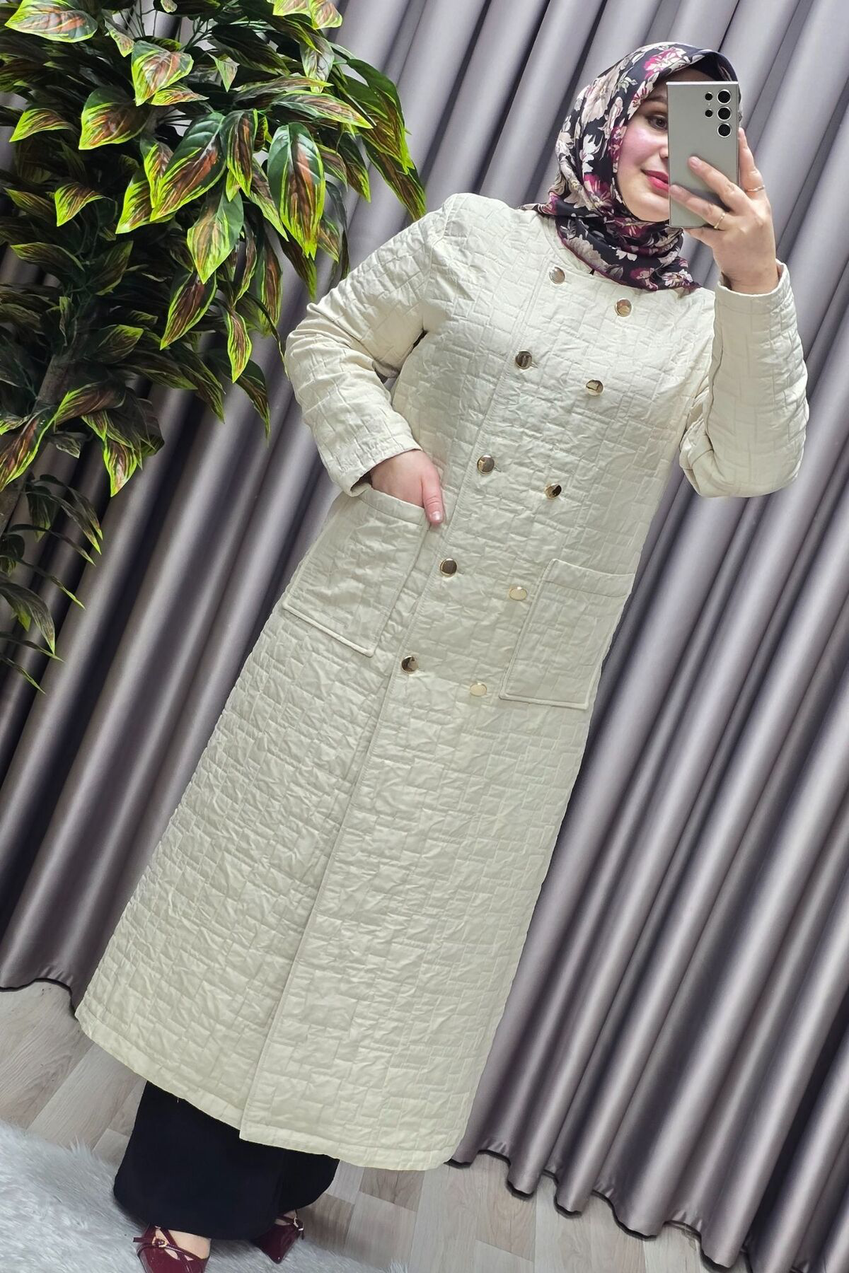 Kadın Giyim Büyük Beden Kapitone Metal Düğmeli Kruvaze Kap