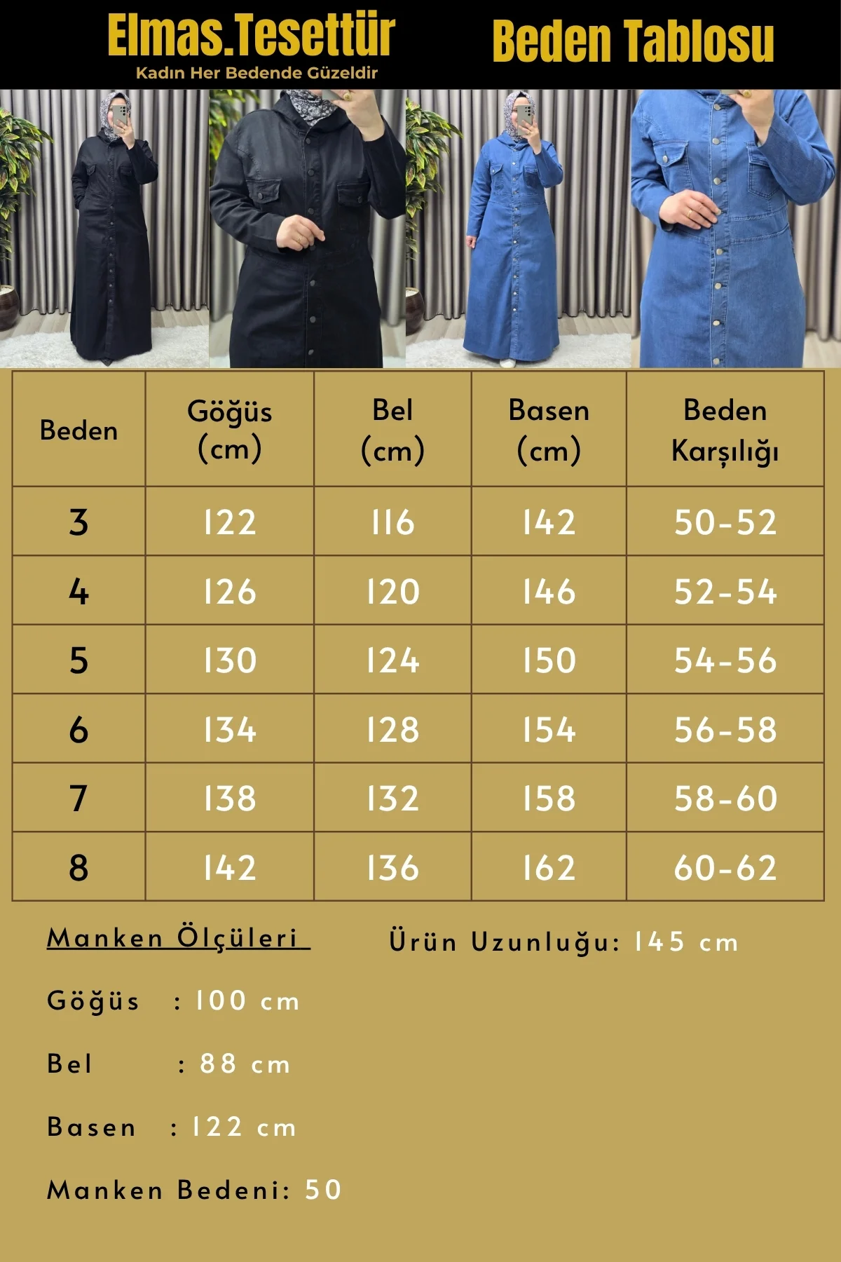 Kadın Giyim Büyük Beden Kapşonlu Düğmeli Tam Boy Kot Elbise - Görsel 3