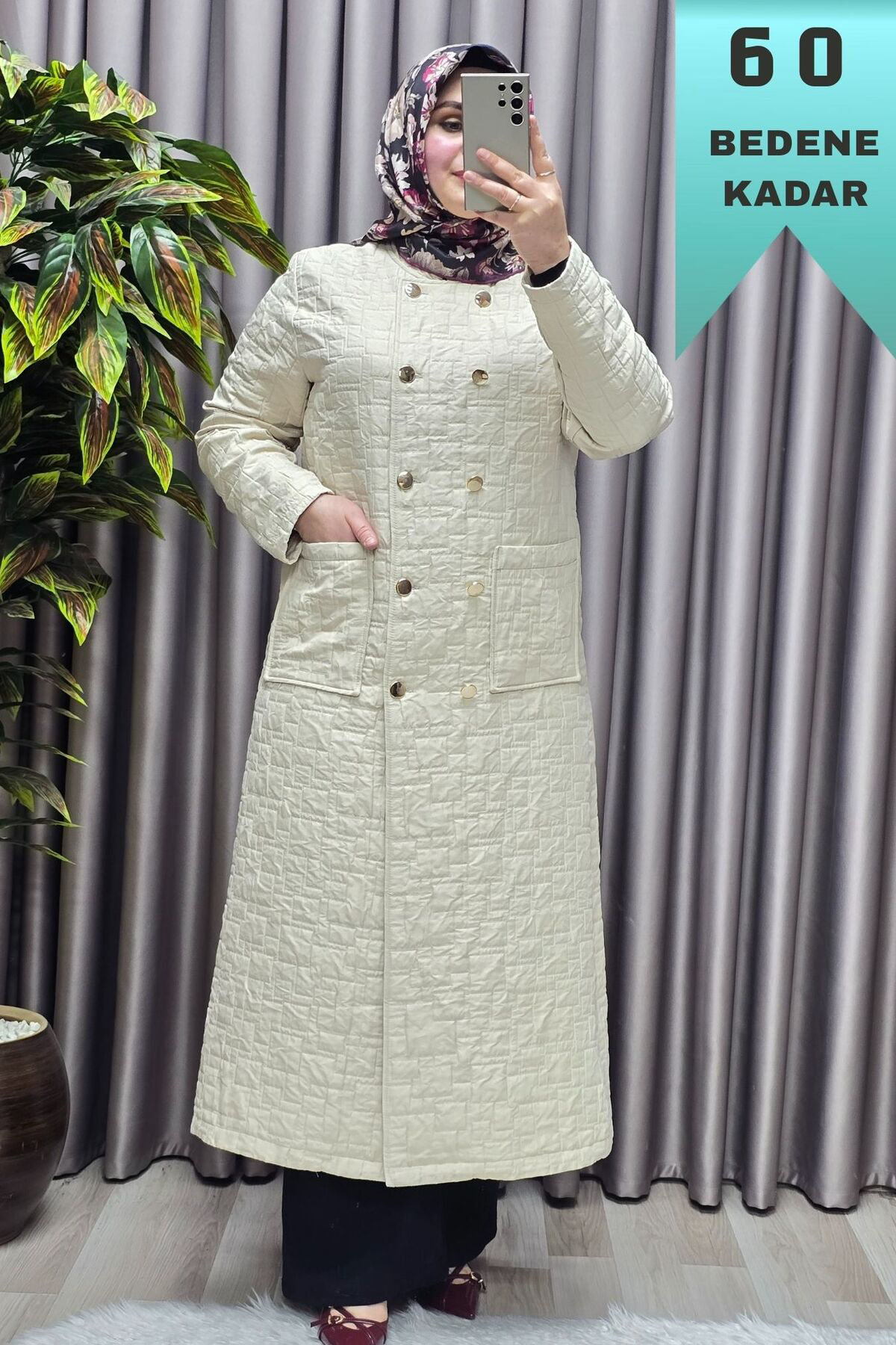 Kadın Giyim Büyük Beden Kapitone Metal Düğmeli Kruvaze Kap