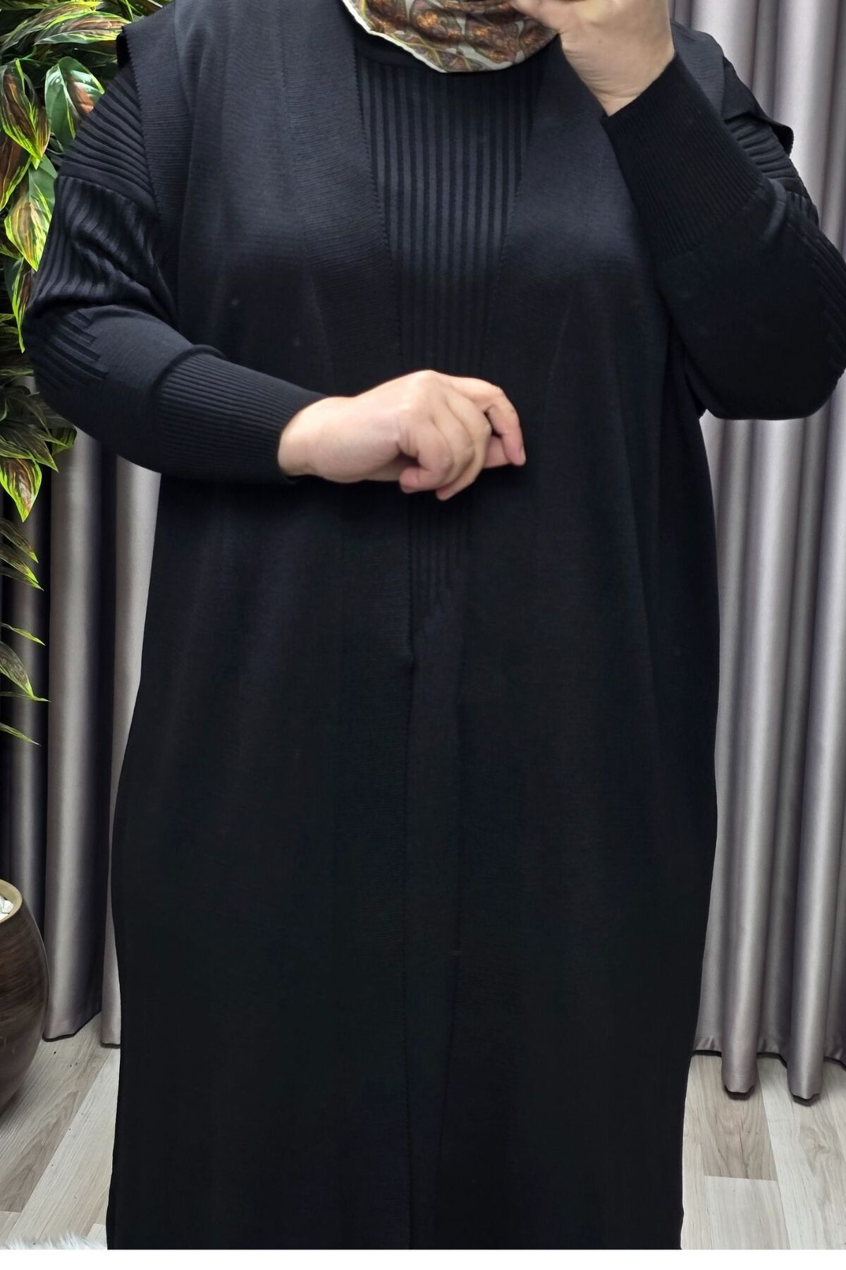 Kadın Giyim Büyük Beden 1 Soğuk Triko Yelekli Fitilli Elbiseli İk