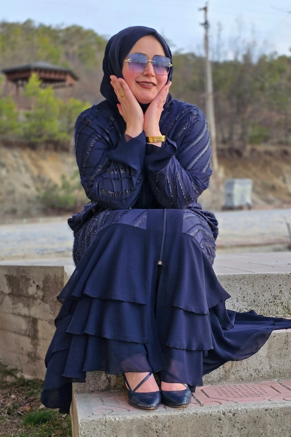 Kadın Giyim Büyük Beden Etek Ucu Üç Katlı Şifon Selin Abaya