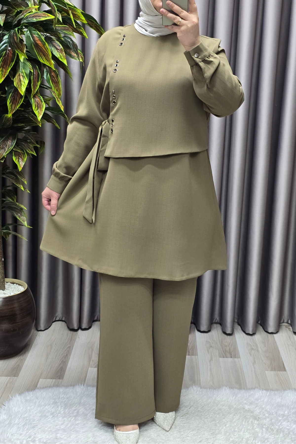 Kadın Giyim Büyük Beden Kuş Gözü Modeli Çilek Kumaş İkili Takım