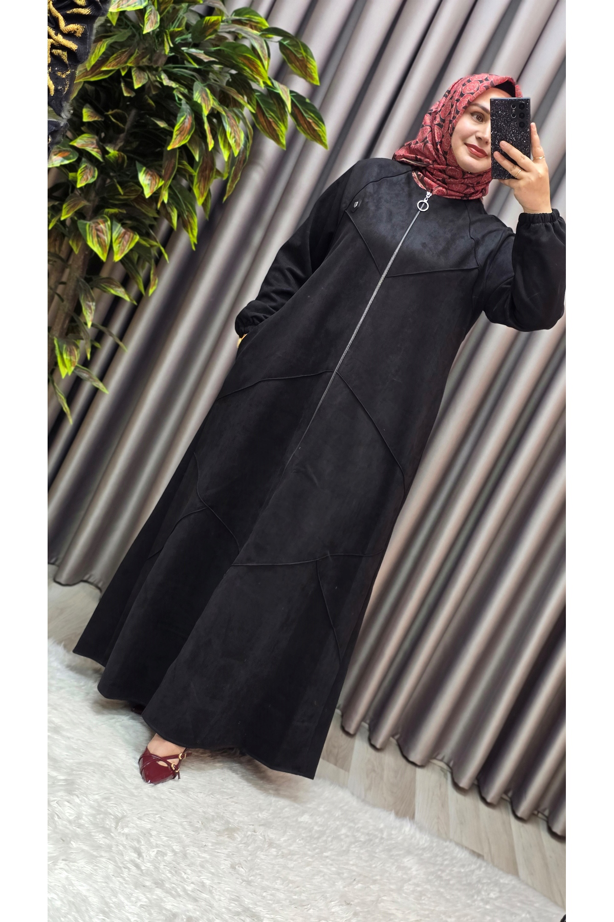 Elmas Tesettür Kadın Giyim Büyük Beden Tam Boy Baklava Desenli Uzun Süet Pardesü