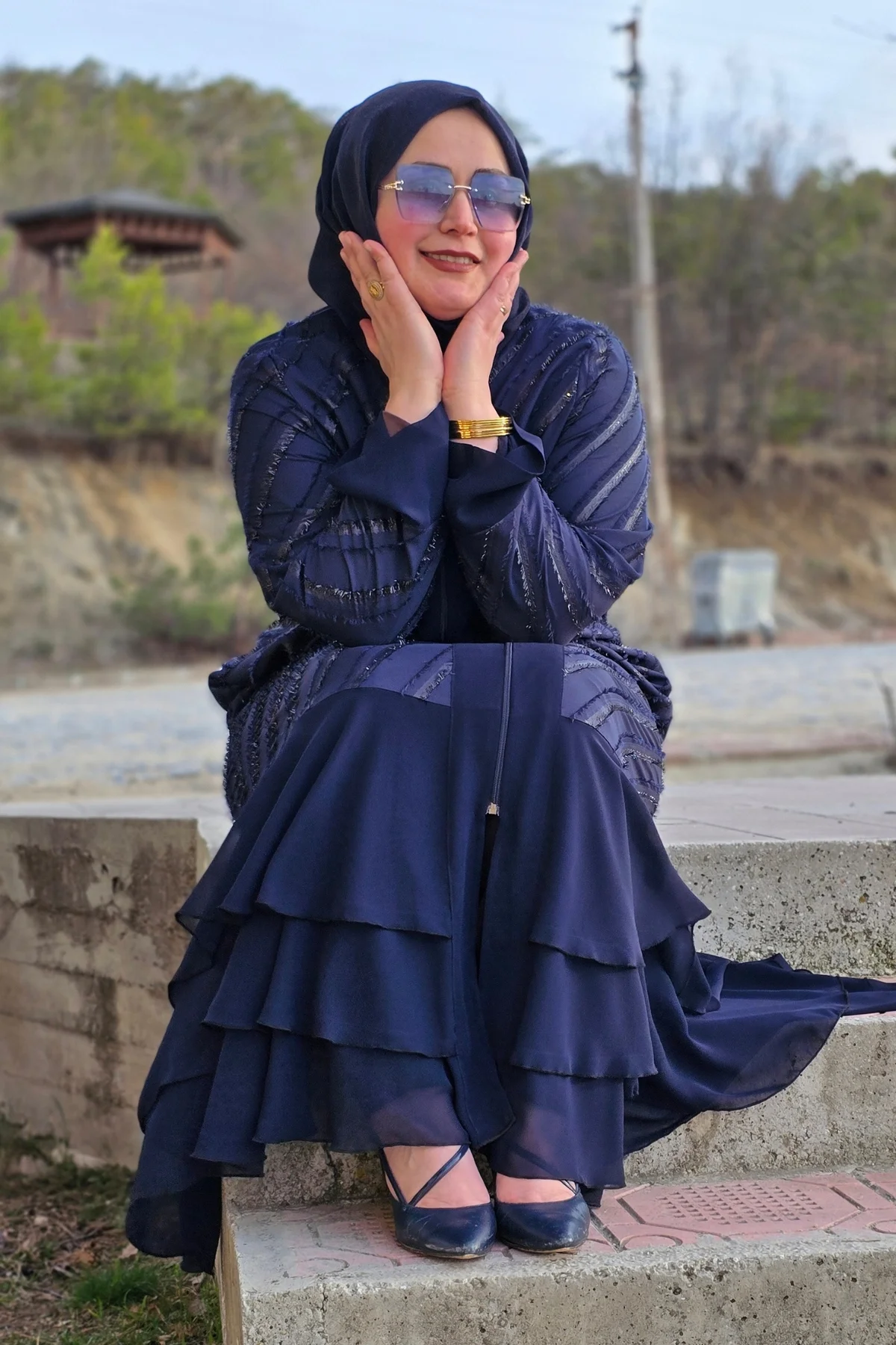 Kadın Giyim Büyük Beden Etek Ucu Üç Katlı Şifon Selin Abaya - Görsel 8