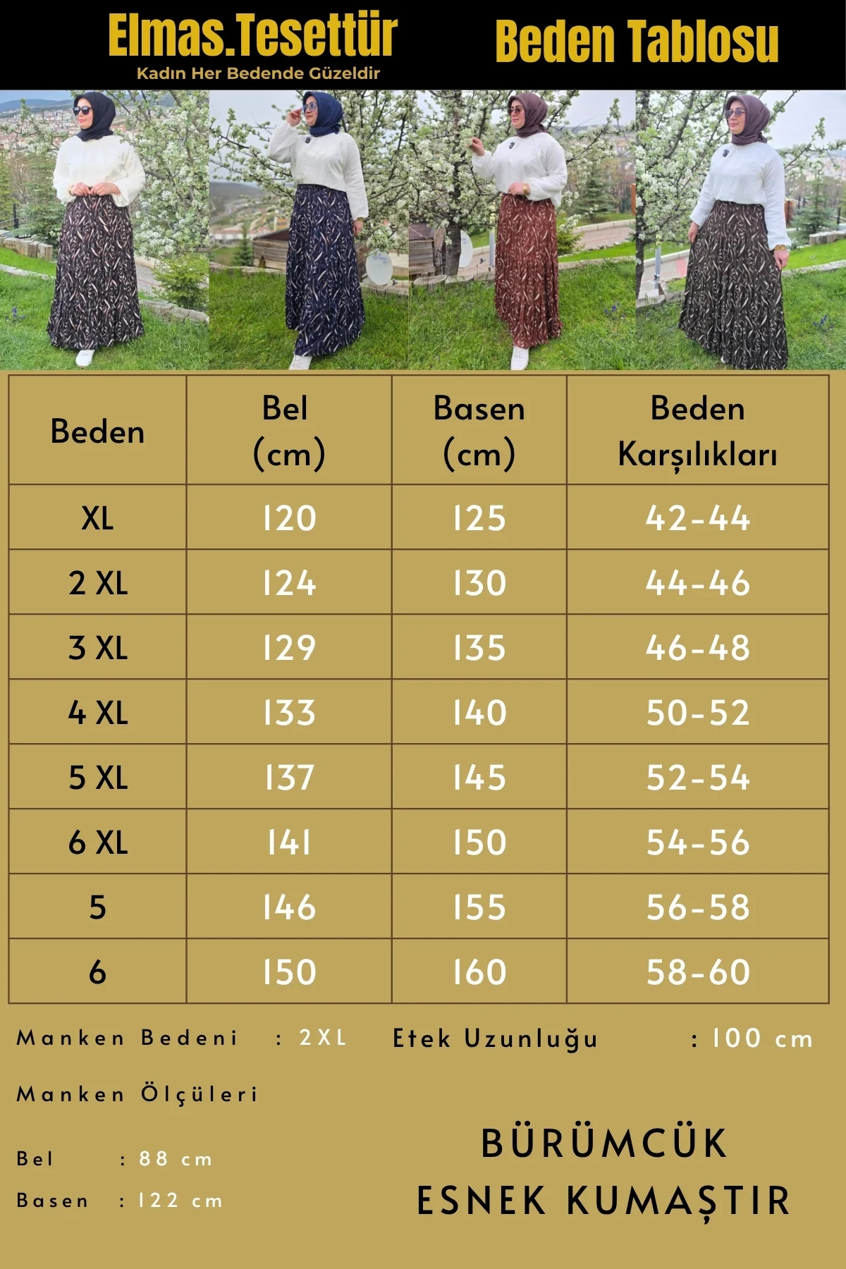 Kadın Giyim Büyük Beden Bürüncük Kumaş Beli Lastikli Fırça Desen Çingene Etek