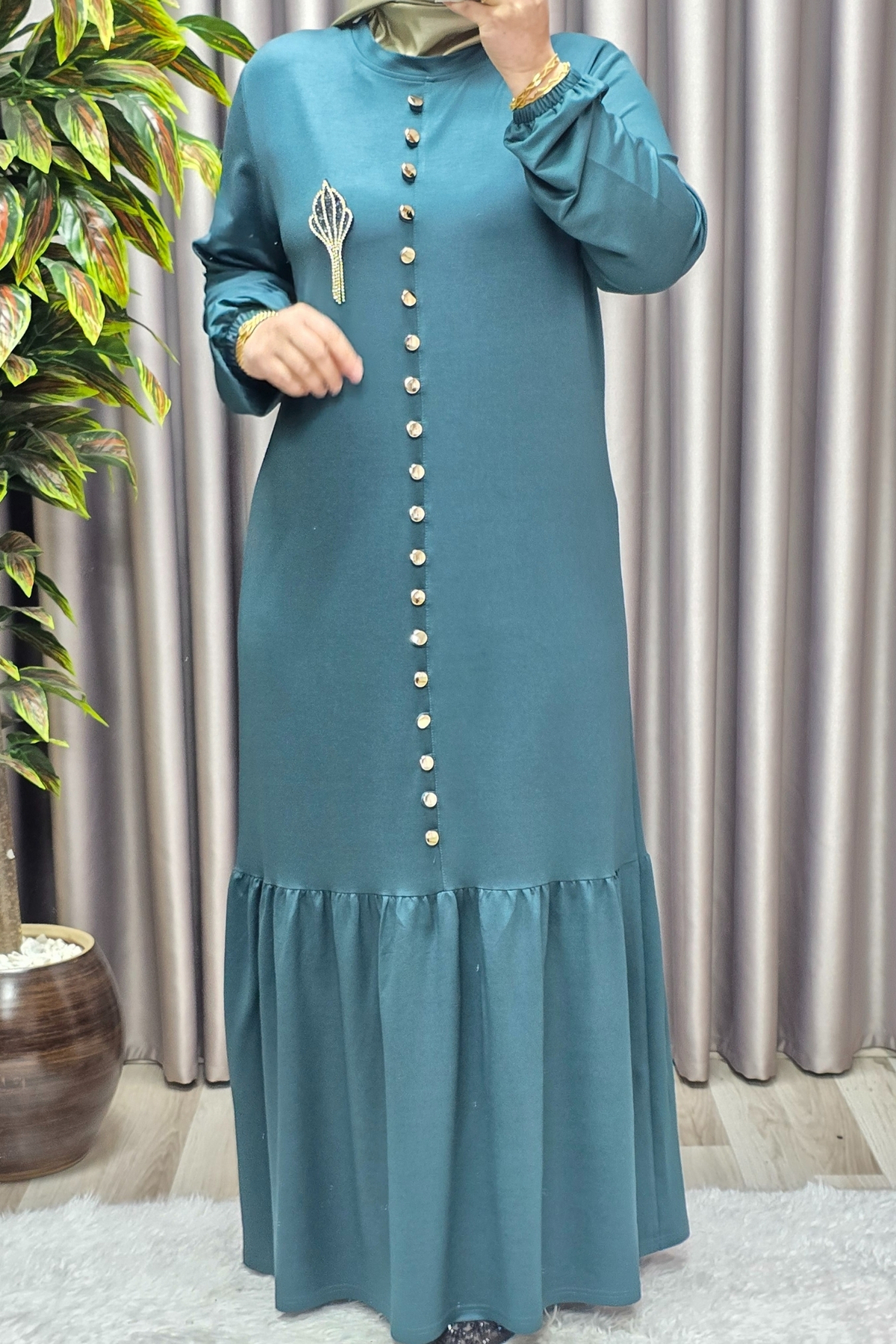 Kadın Giyim Büyük Beden Kristal Düğmeli Elbise