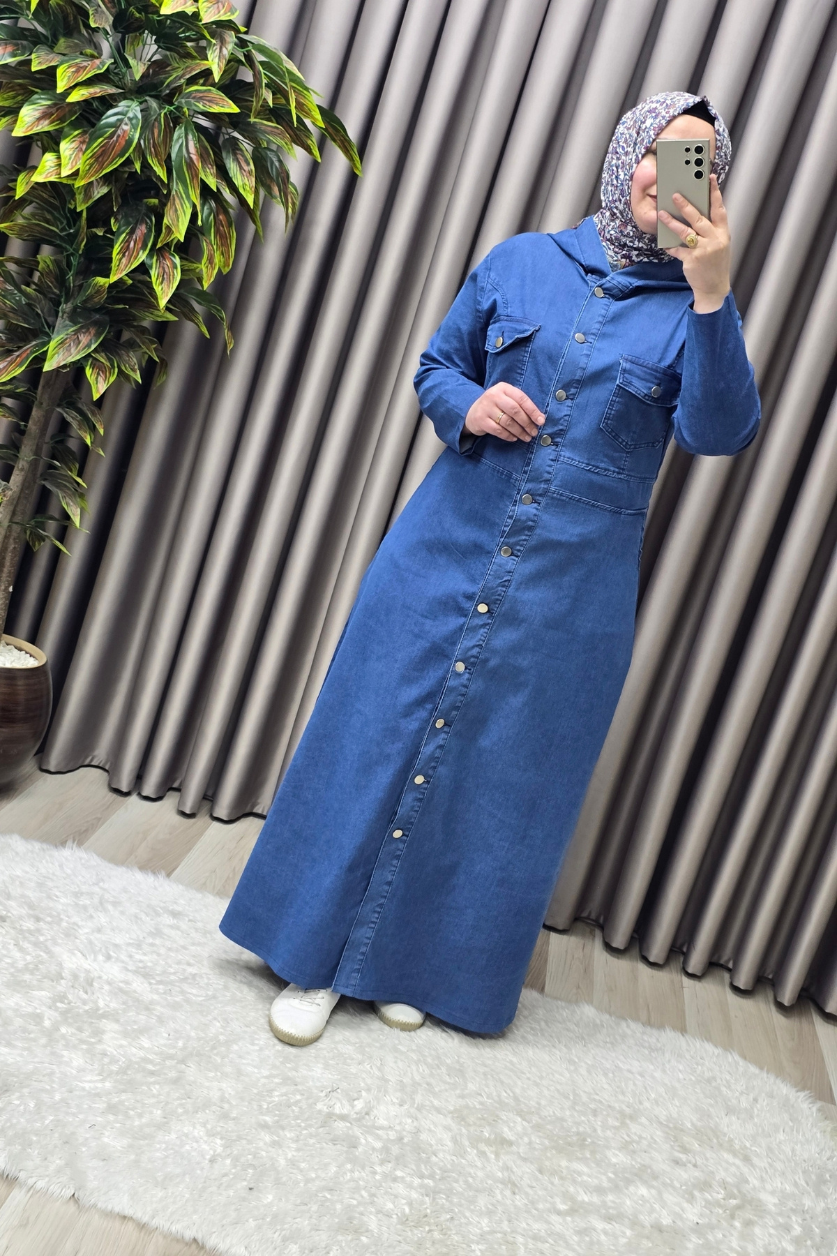 Kadın Giyim Büyük Beden Düğmeli Kapşonlu Tam Boy Kot Elbise