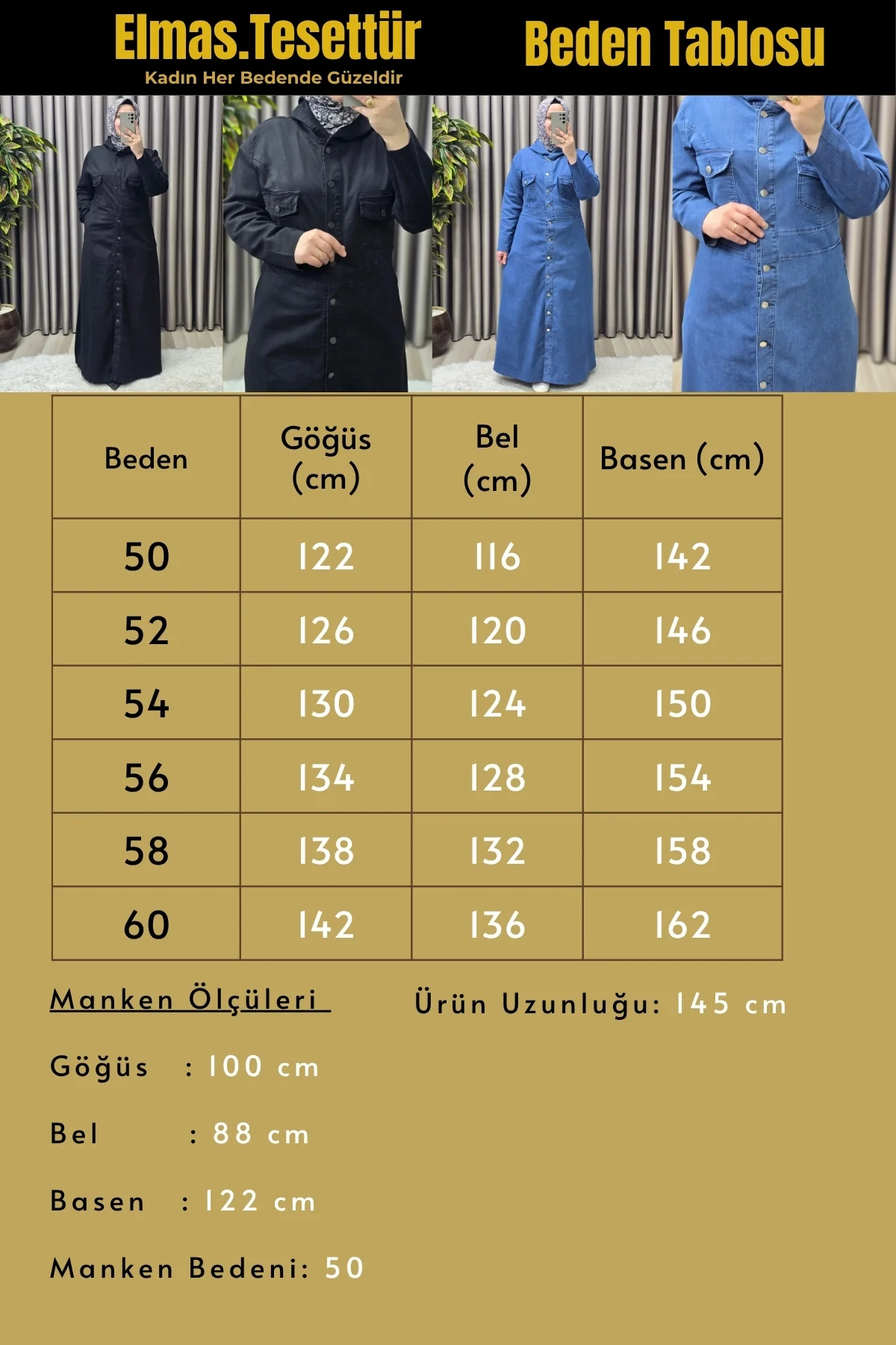 Kadın Giyim Büyük Beden Kapşonlu Düğmeli Tam Boy Kot Elbise