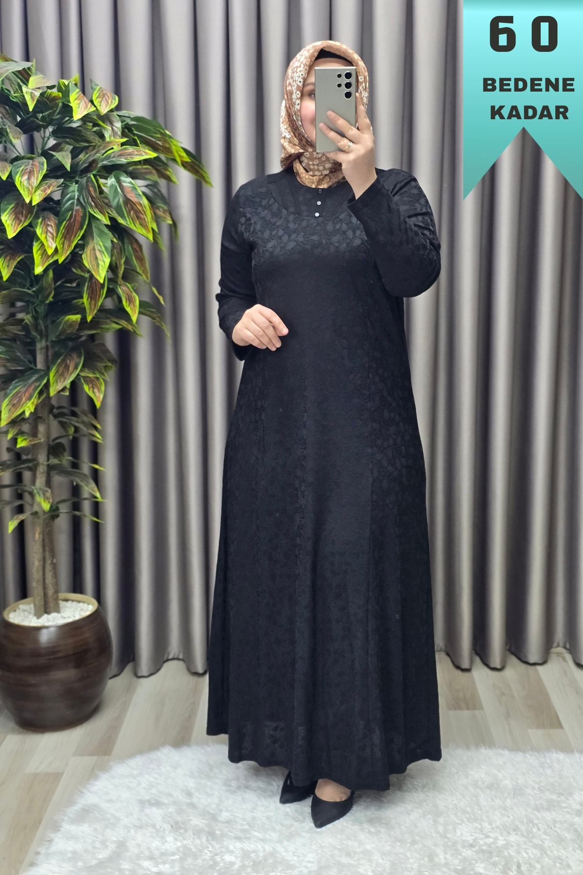 Kadın Giyim Büyük Beden Jakarlı Yaka Modelli Elbise