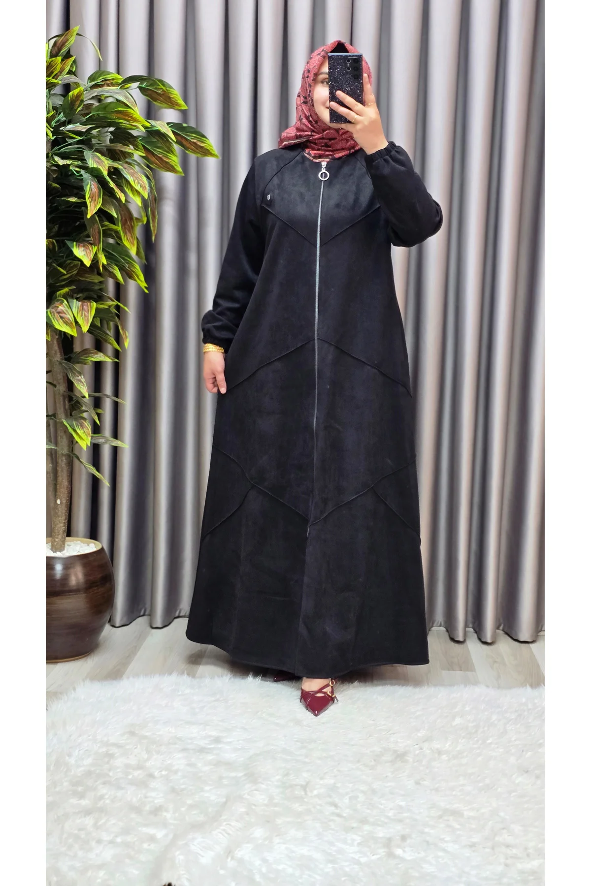 Kadın Giyim Büyük Beden Tam Boy Baklava Desenli Uzun Süet Pardesü